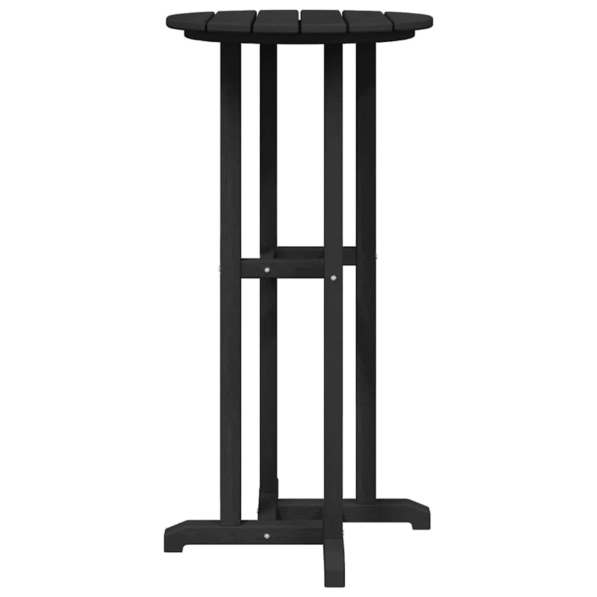 Una mesa de bar de madera negra centrada. Tiene una tapa redonda, cuatro patas y un reposapiés. El fondo es blanco.