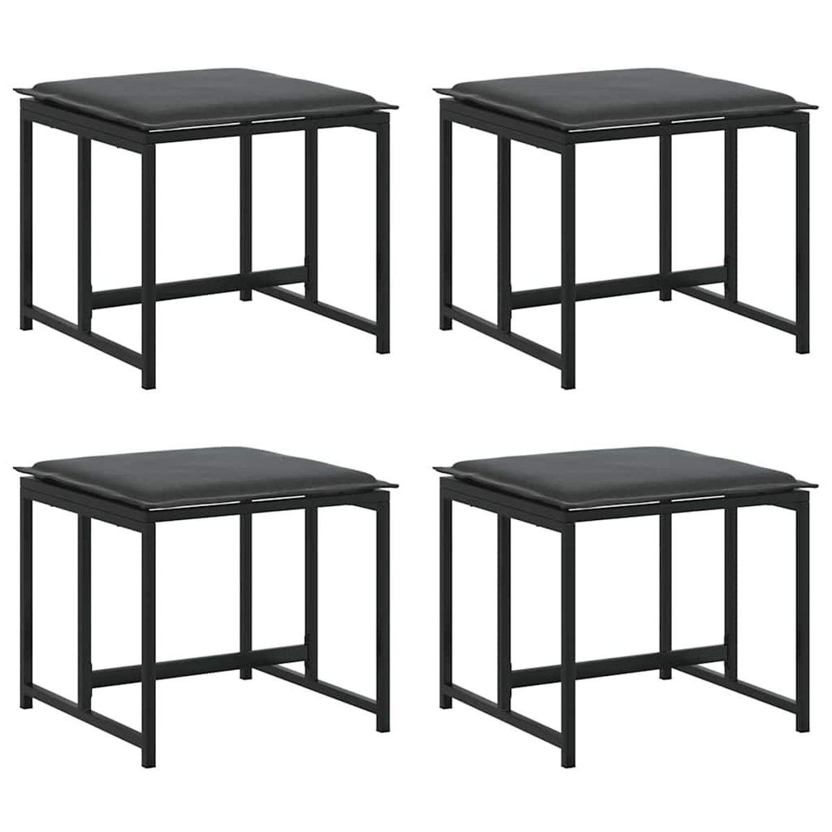 Vier schwarze quadratische Hocker mit schwarzen gepolsterten Oberflächen und schwarzen Metallrahmen sind in einem Raster angeordnet.