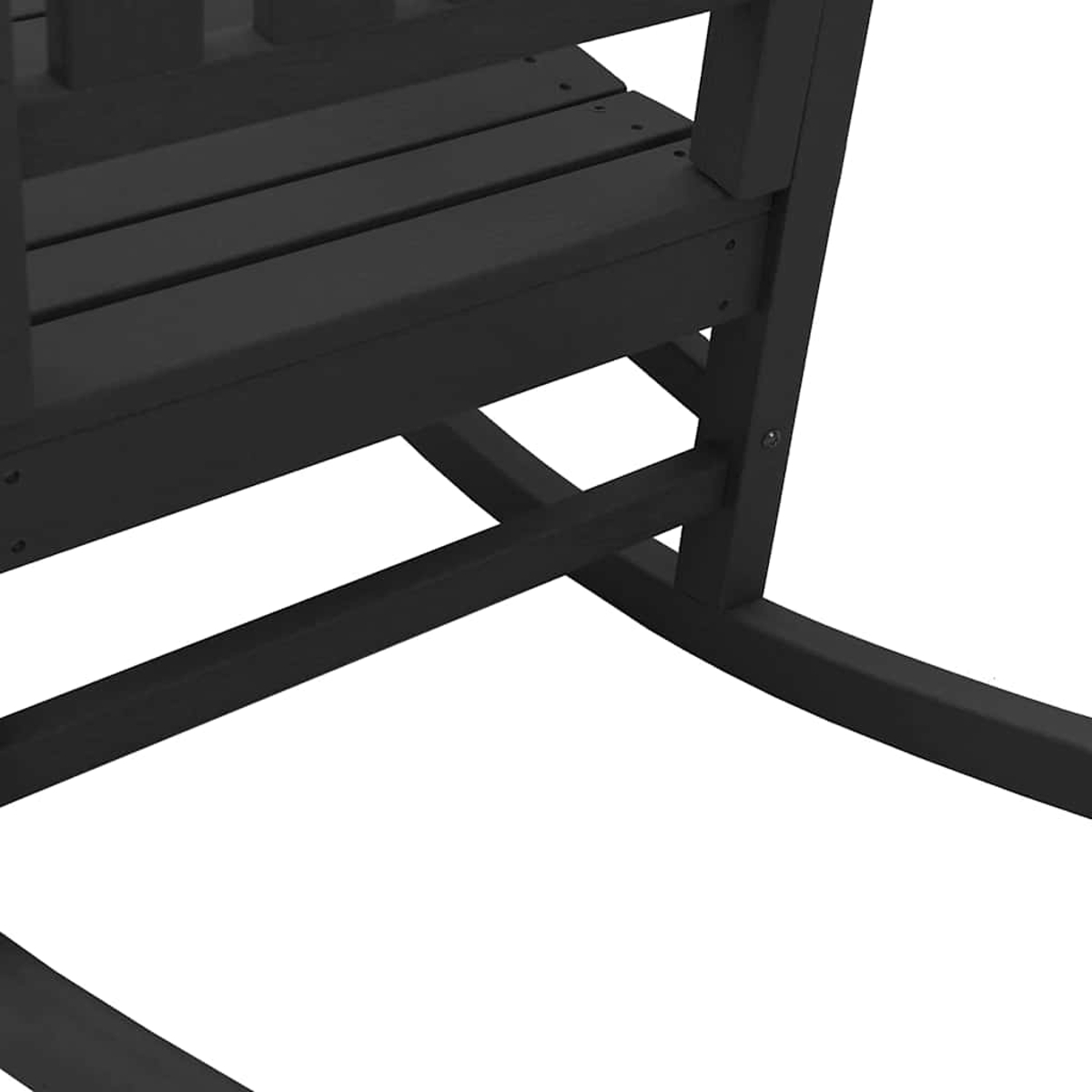 Primer plano de una mecedora de madera negra. El asiento y la base son visibles sobre un fondo blanco, mostrando su estructura.