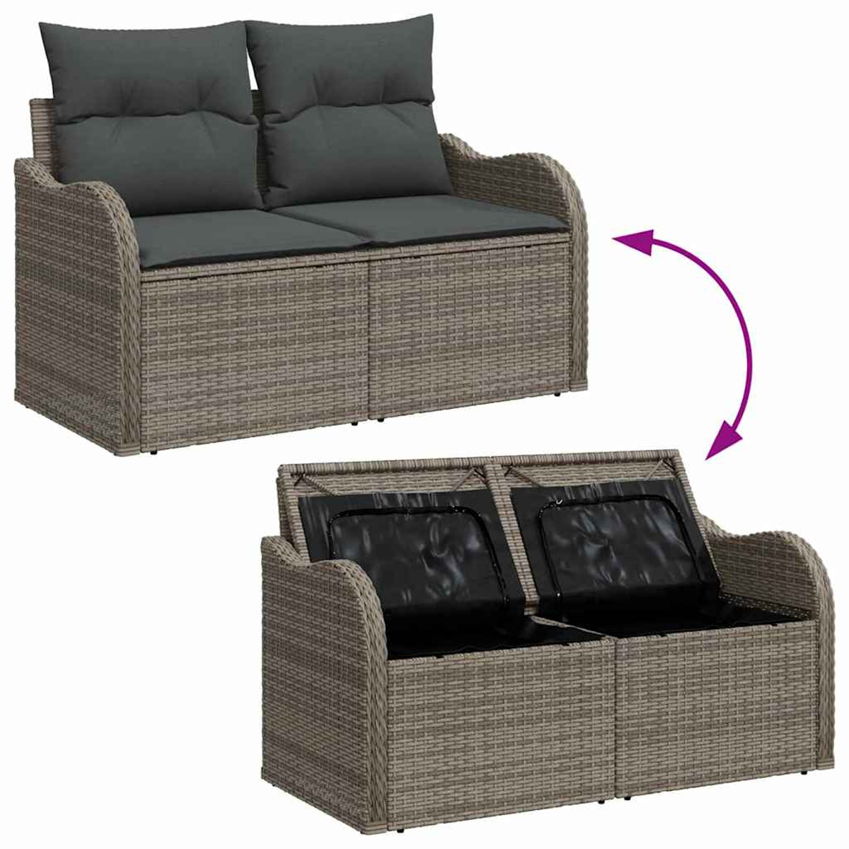 Graues Outdoor-Sofa aus Korbgeflecht mit zwei Abschnitten. Oben sind Kissen zu sehen. Der untere Abschnitt öffnet sich.