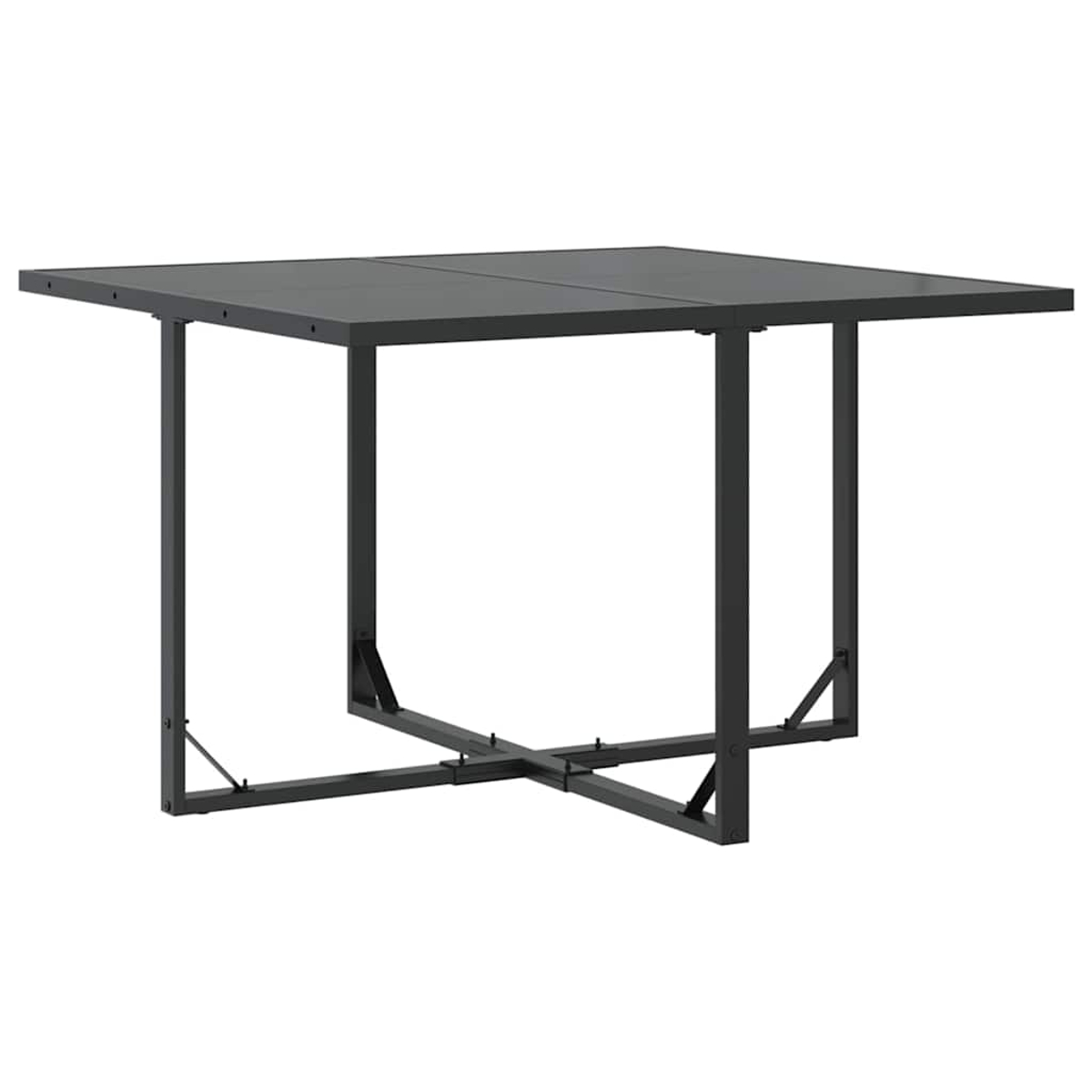 Ein quadratischer, dunkelgrauer Tisch. Er hat ein Metallgestell und Beine. Die Tischplatte scheint aus ähnlichem Material zu sein.