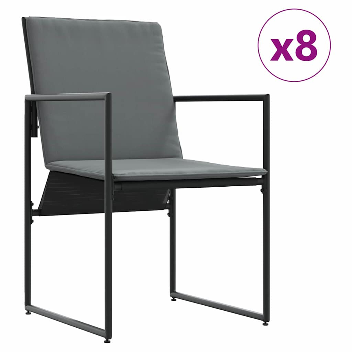 Ein grauer Stuhl mit schwarzem Rahmen. Der Stuhl hat ein Kissen und Armlehnen. In der oberen rechten Ecke befindet sich ein violetter Kreis mit "x8".
