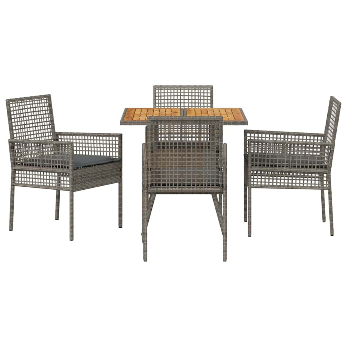 Ein Terrassenmöbel-Set mit einem quadratischen Tisch und vier Stühlen. Die Stühle und der Tisch bestehen aus gewebtem grauem Material.