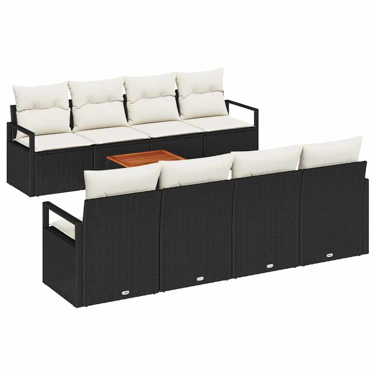 Zwei schwarze Korbs Sofas mit weißen Kissen und einem Holztisch. Ein Sofa ist teilweise sichtbar, ein anderes im Hintergrund.