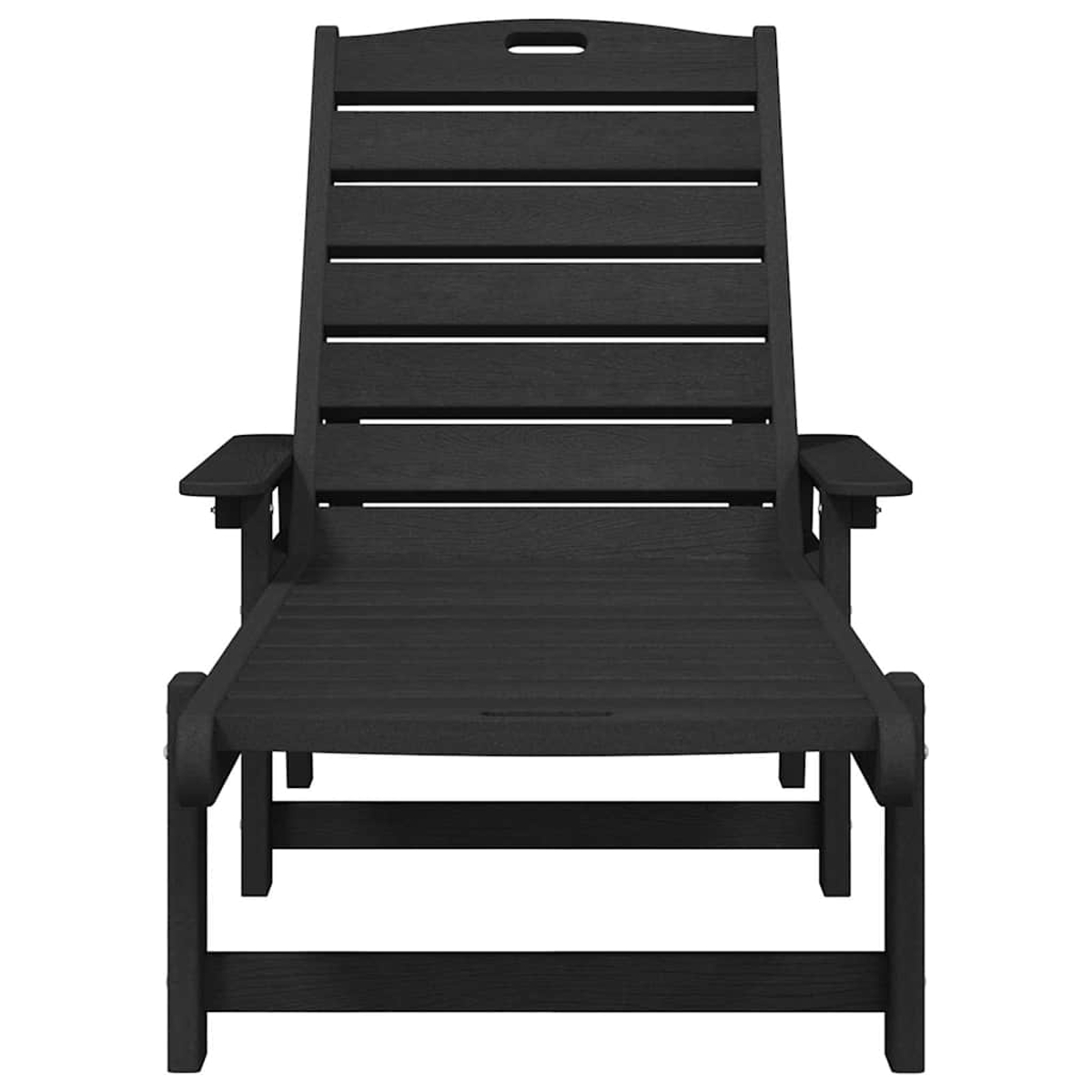 Se muestra una silla reclinable de madera negra. Tiene asiento y respaldo de listones, reposabrazos y una parte superior curvada con asa.