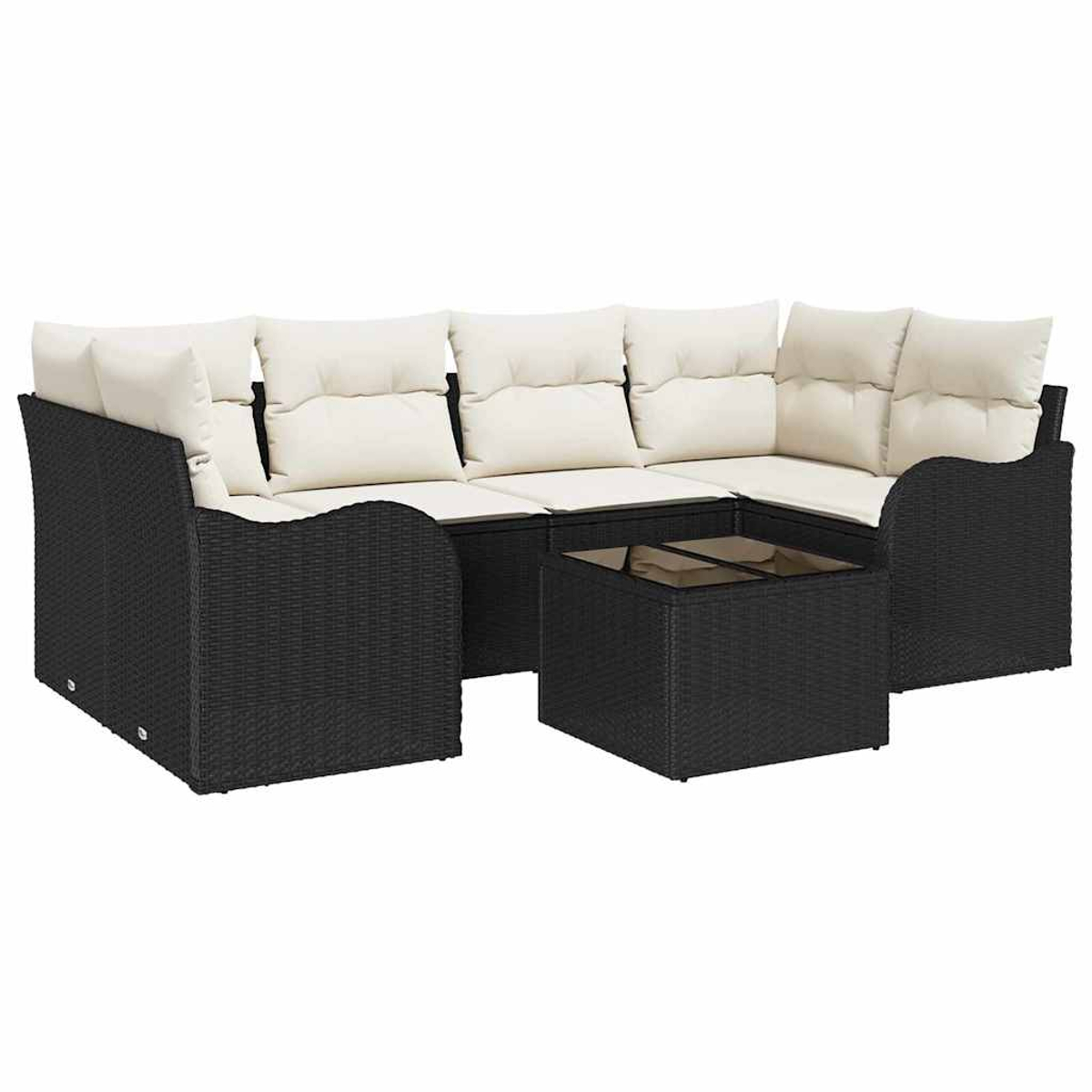 Ein schwarzes Rattan-Ecksofa mit cremefarbenen Kissen und einem passenden Couchtisch mit Glasplatte, vor weißem Hintergrund.