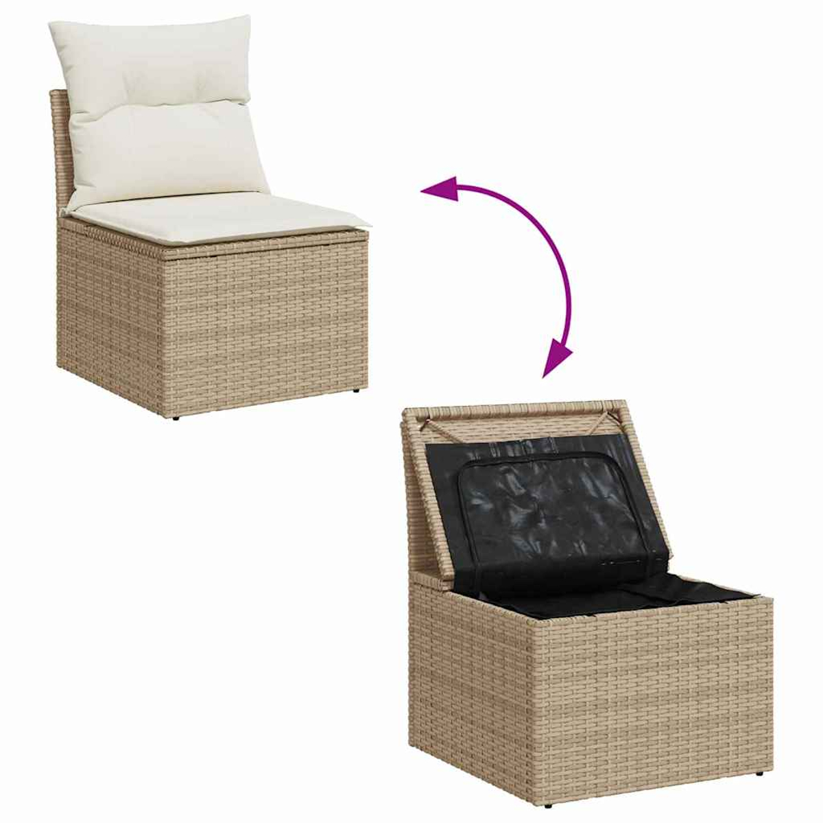 Una sedia in rattan con cuscino e vano portaoggetti. Una è chiusa, l'altra è aperta e mostra una fodera nera.