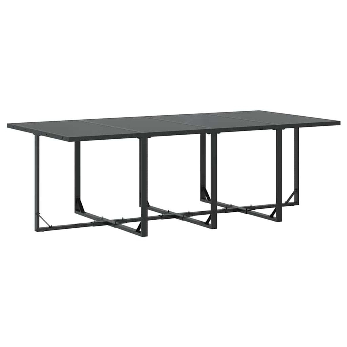 Una mesa rectangular gris oscuro con patas de metal negro. Es un diseño moderno, aislado sobre un fondo blanco.