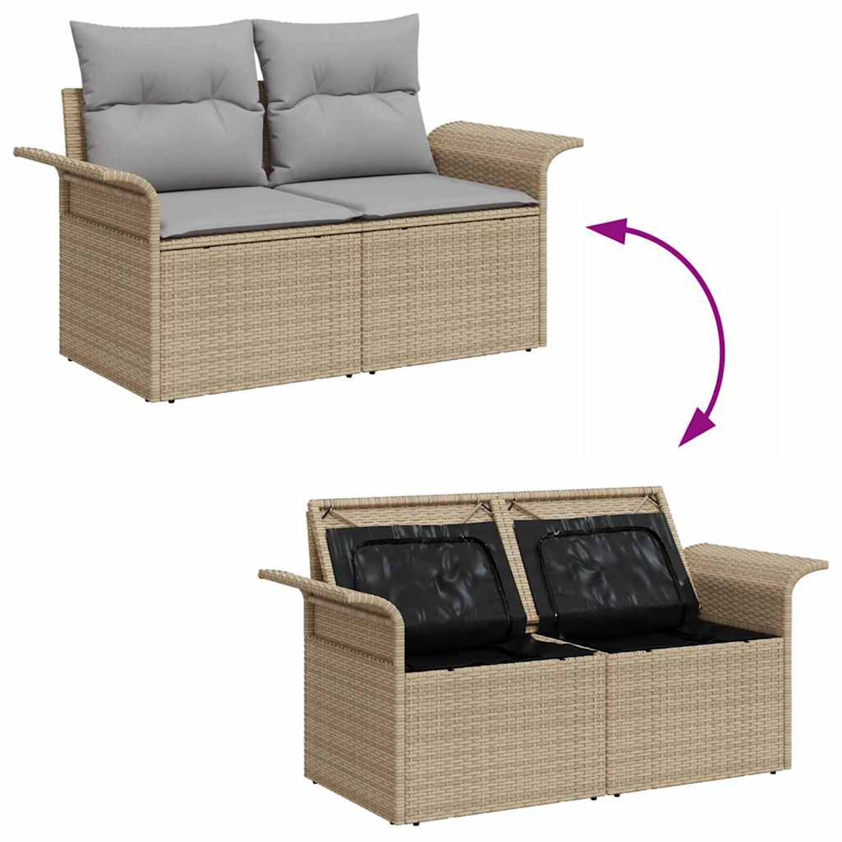 Ein Sofa im Rattan-Stil mit grauen Kissen oben. Der untere Teil lässt sich öffnen und gibt schwarzen Stauraum frei. Ein Pfeil zeigt die Öffnung.