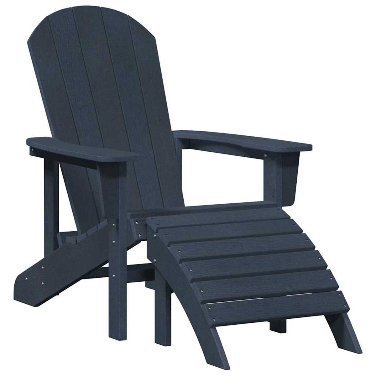 Ein marineblauer Adirondack-Stuhl mit angebrachter Fußstütze auf weißem Hintergrund. Der Stuhl hat eine hohe Rückenlehne und Armlehnen.