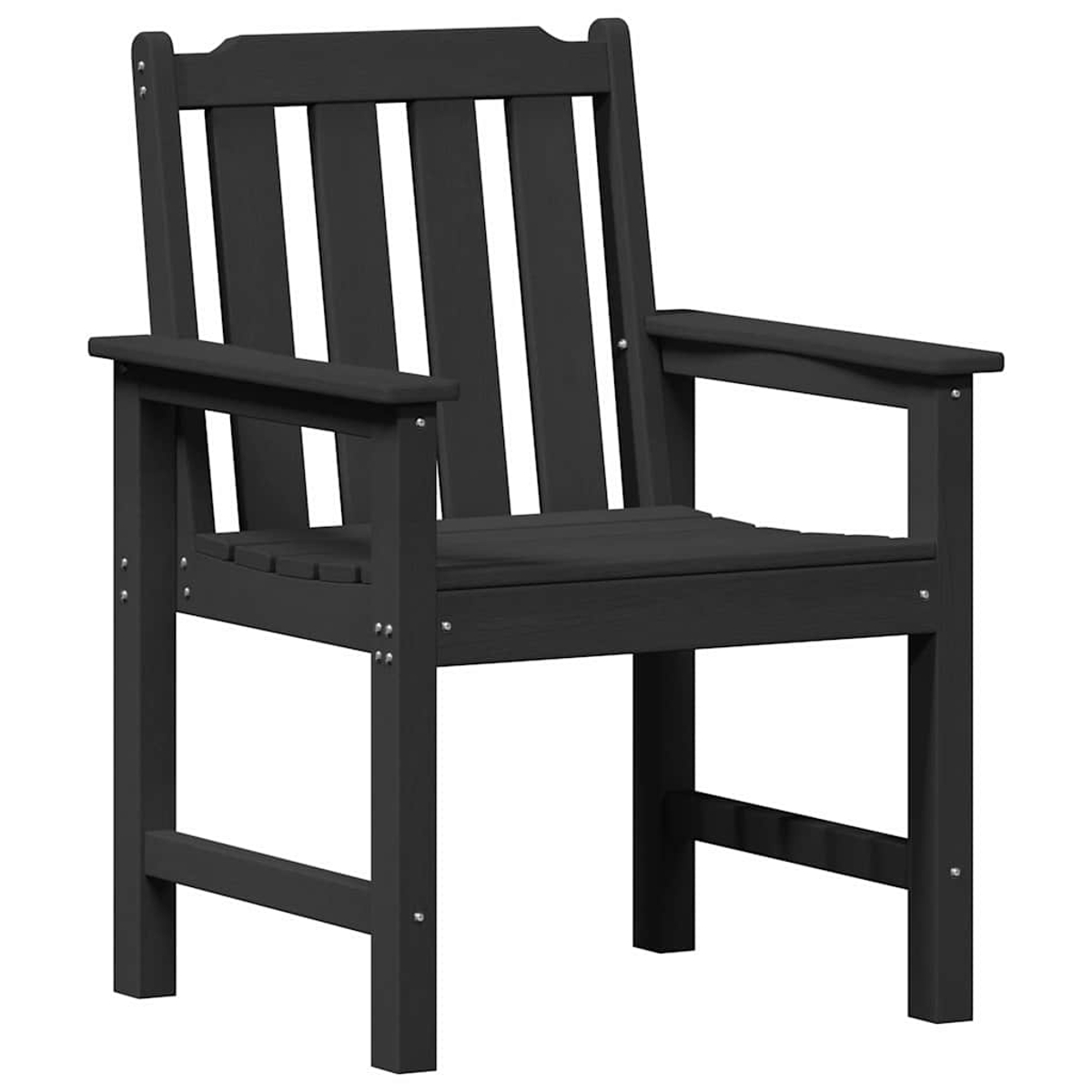 Una silla de exterior de madera negra con apoyabrazos. Tiene respaldo y asiento de listones. La silla es robusta y tiene patas cuadradas.
