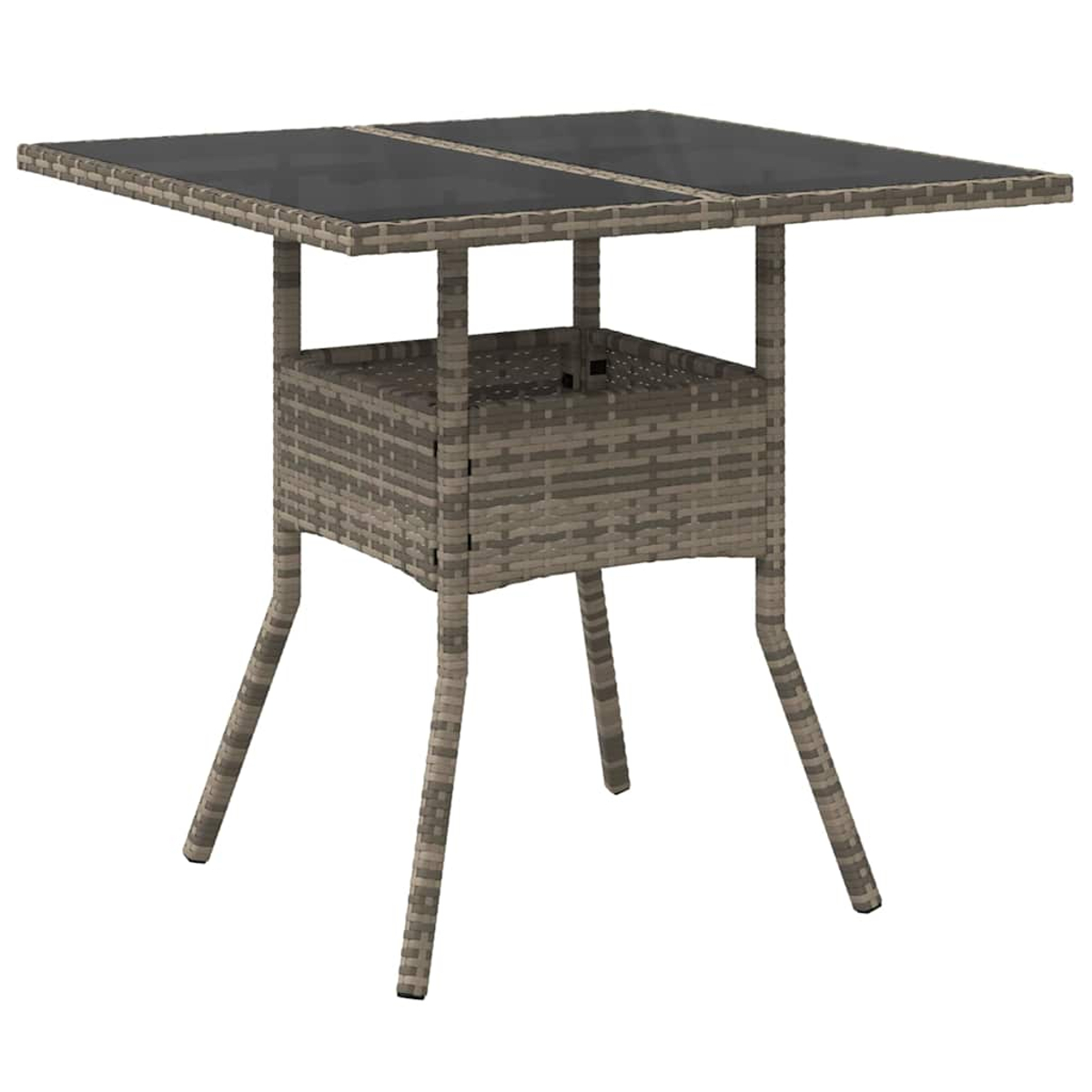 Ein quadratischer Gartentisch mit dunkler Glasplatte, grauem Weidengeflecht und vier abgewinkelten Beinen, vor weißem Hintergrund.