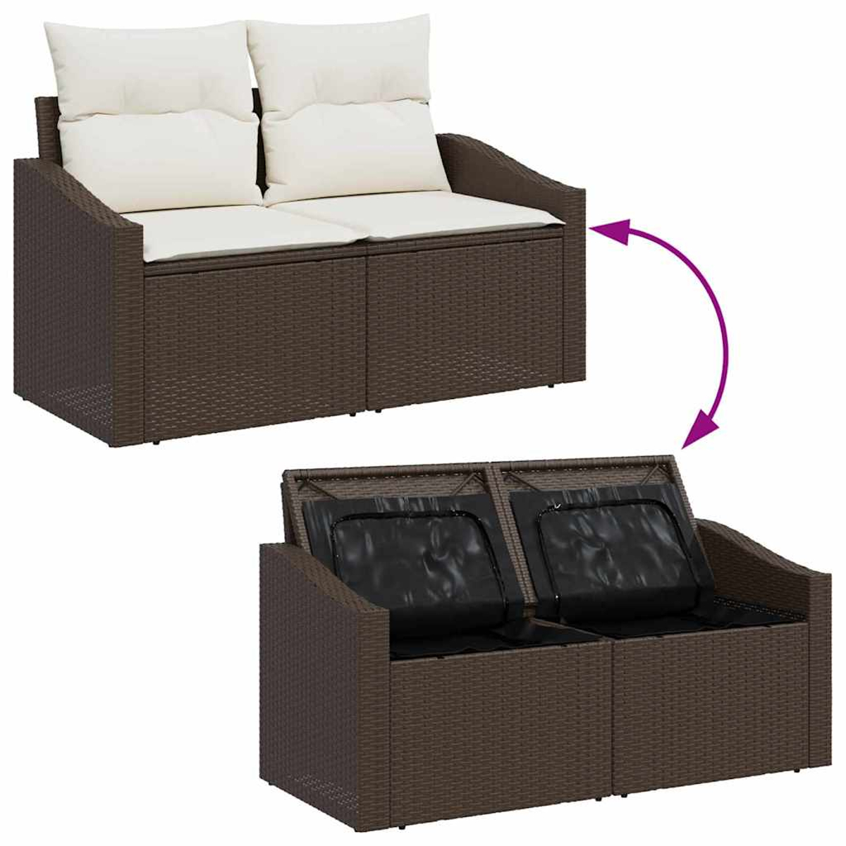 Braunes Outdoor-Sofa aus Korbgeflecht mit weißen Kissen oben. Der Boden zeigt schwarze Kissen, wenn die Oberseite geöffnet ist.