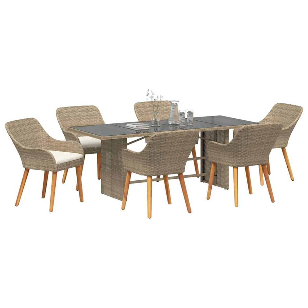 Un juego de comedor con seis sillas y una mesa. Las sillas son de mimbre con patas de madera. La mesa tiene una tapa de cristal oscuro.