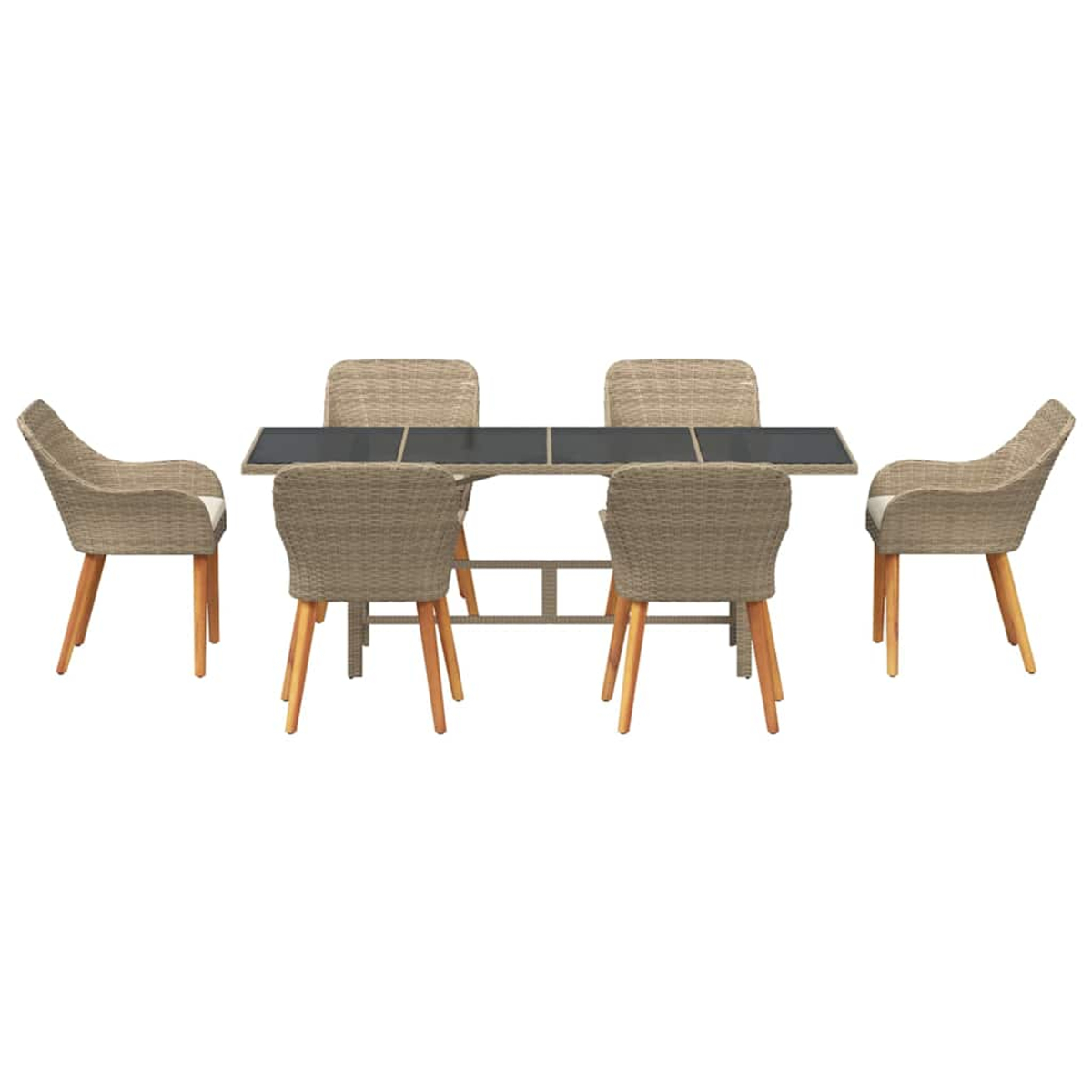 Juego de comedor al aire libre, seis sillas con respaldos tejidos y patas de madera rodean una mesa oscura.