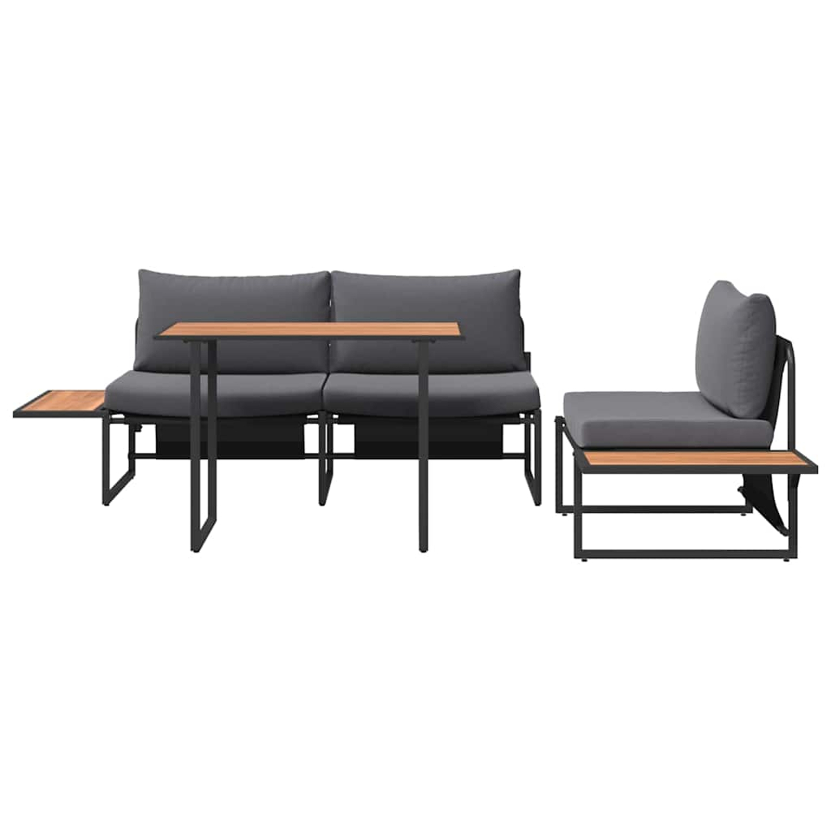 Gartenmöbel-Set: ein Zweisitzer-Sofa mit Tisch, ein Einzelsitz und ein Beistelltisch. Graue Kissen und Holztischplatten auf schwarzen Rahmen.