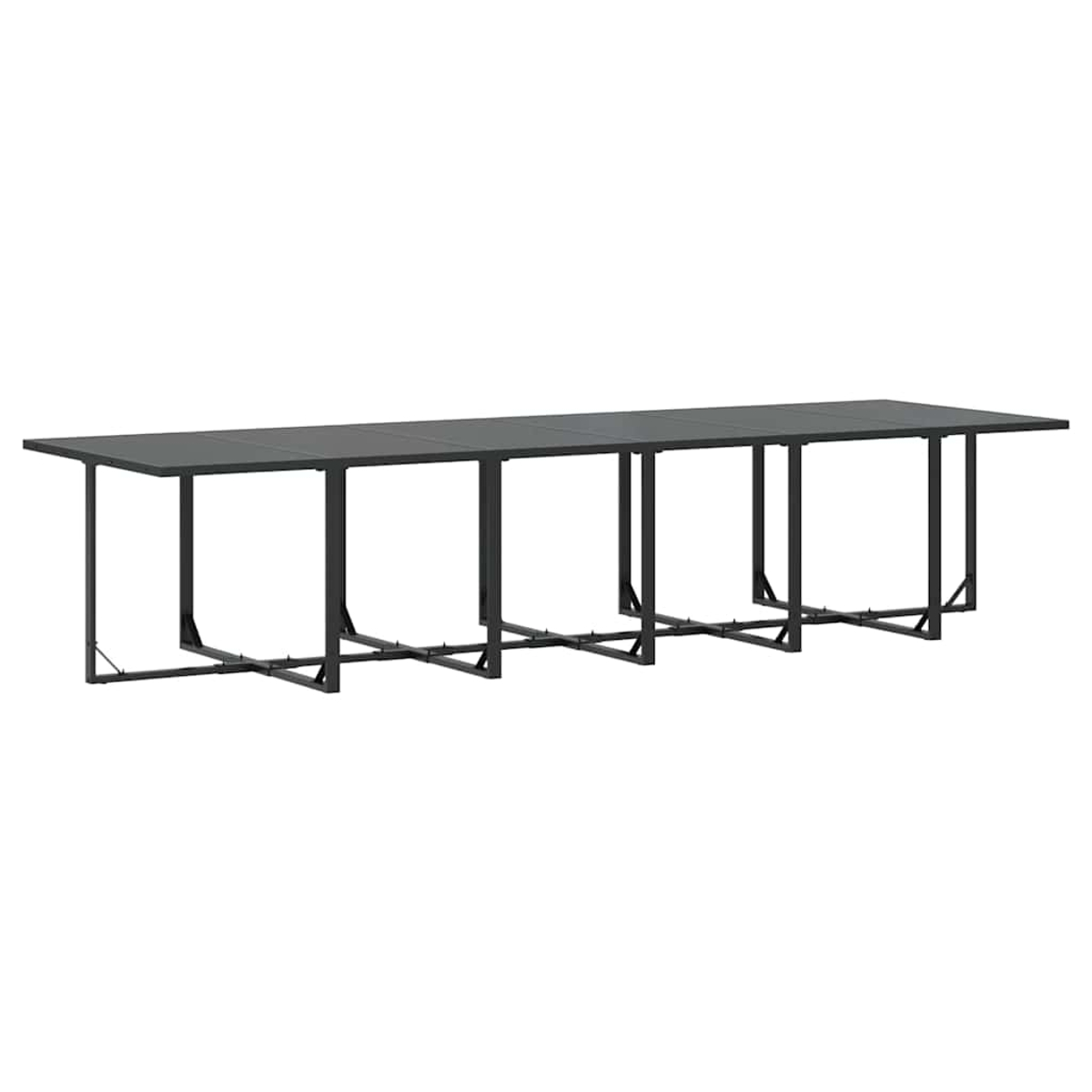 Ein langer, rechteckiger, dunkelgrauer Tisch mit schwarzen Metallbeinen. Der Tisch ist vor weißem Hintergrund isoliert.
