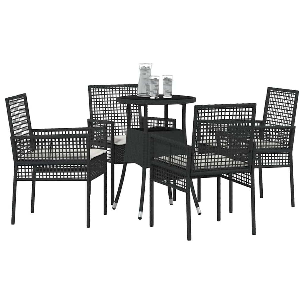 Ein Terrassenset mit einem runden Tisch und vier Stühlen. Auf dem Tisch stehen ein Krug und zwei Gläser. Alles ist schwarz.