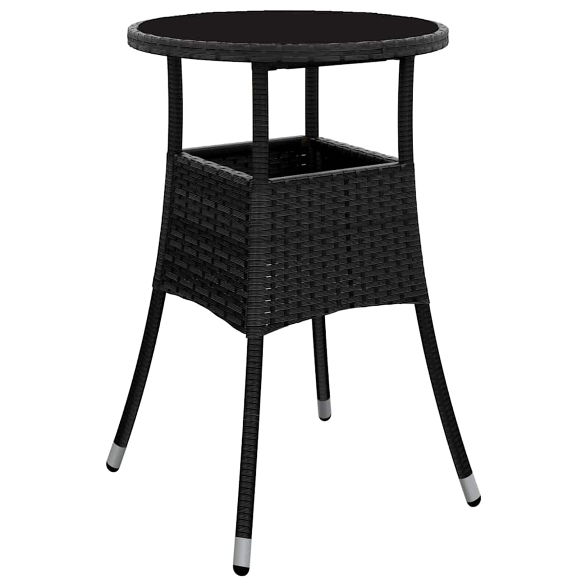 Schwarzer Bartisch im Rattan-Stil. Runde schwarze Tischplatte, gewebter quadratischer Körper und vier abgewinkelte Beine mit silbernen Spitzen.