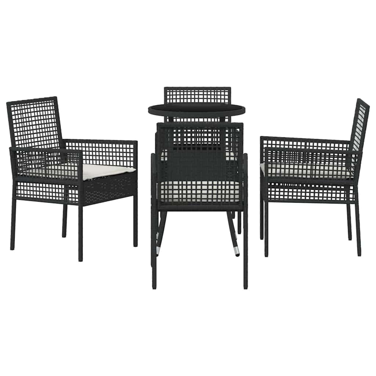 Ein schwarzes Terrassenset mit drei Stühlen und einem kleinen Tisch. Stühle haben weiße Kissen. Das Set steht auf weißem Hintergrund.