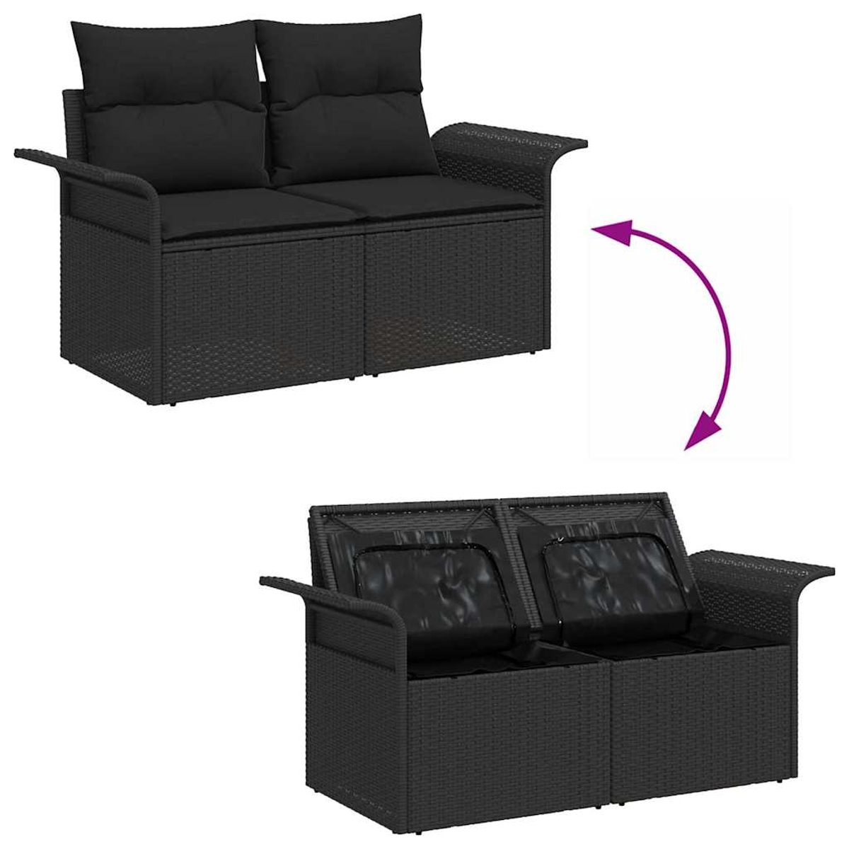 Zwei schwarze Outdoor-Sofas aus Korbgeflecht, eines mit Kissen, das andere ohne. Ein Pfeil zeigt eine Transformation.