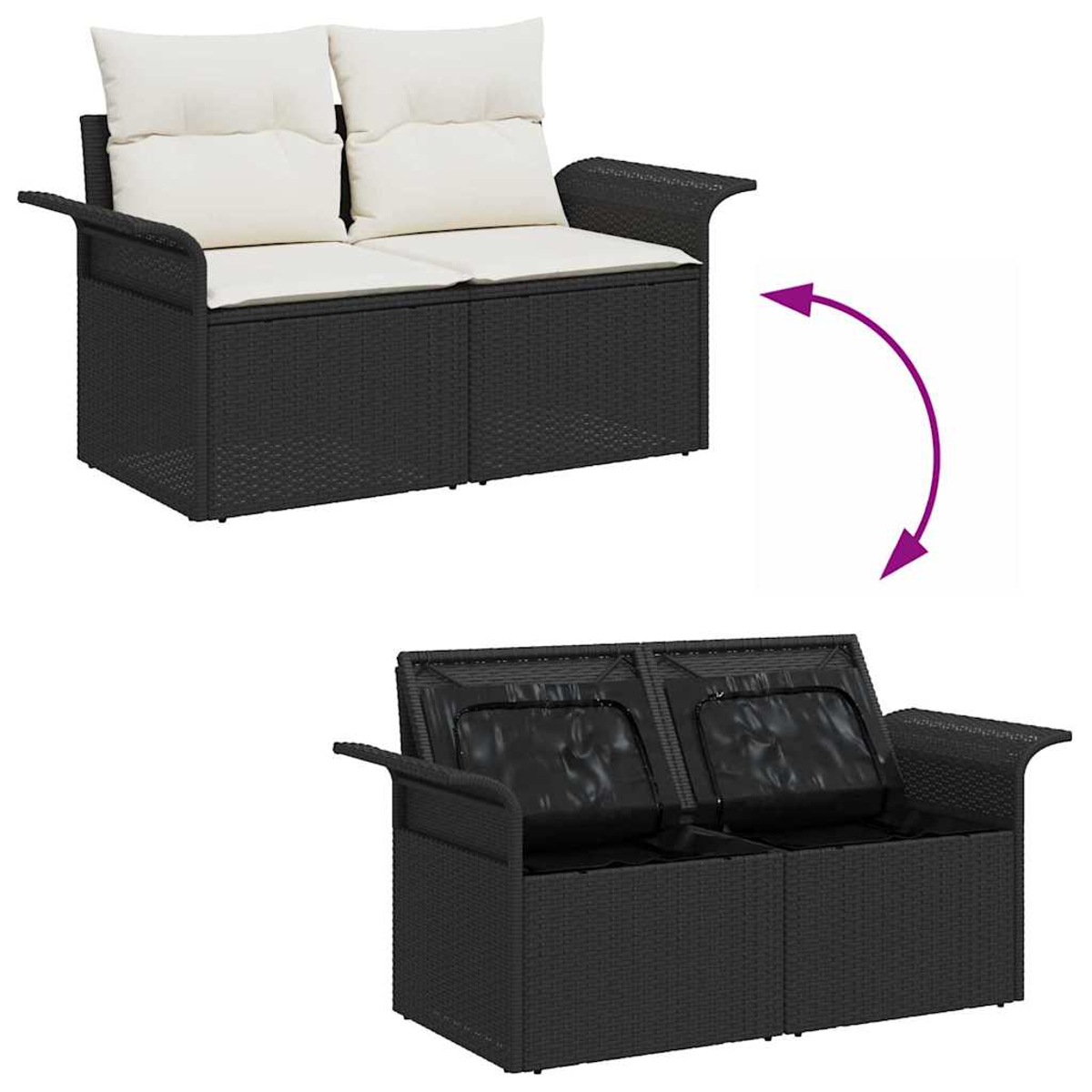Schwarzes Korbmöbel mit weißen Kissen oben. Darunter zeigt das offene Sofa schwarzen Stauraum. Ein Pfeil zeigt die Öffnung.