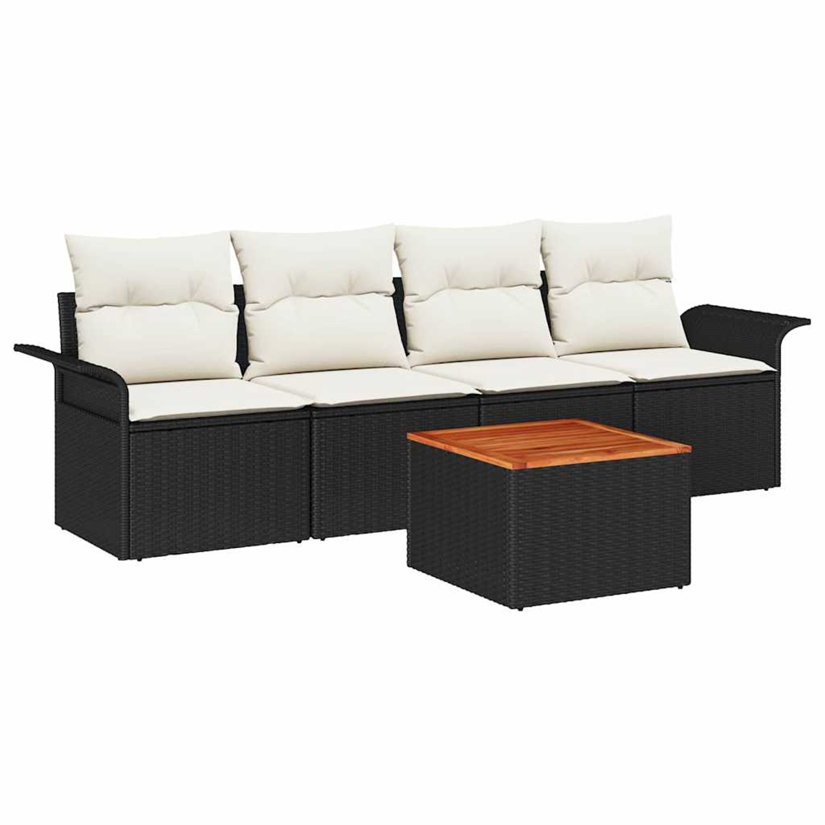Ein schwarzes Korbmöbel mit weißen Kissen und einem Tisch mit Holzplatte auf weißem Hintergrund.