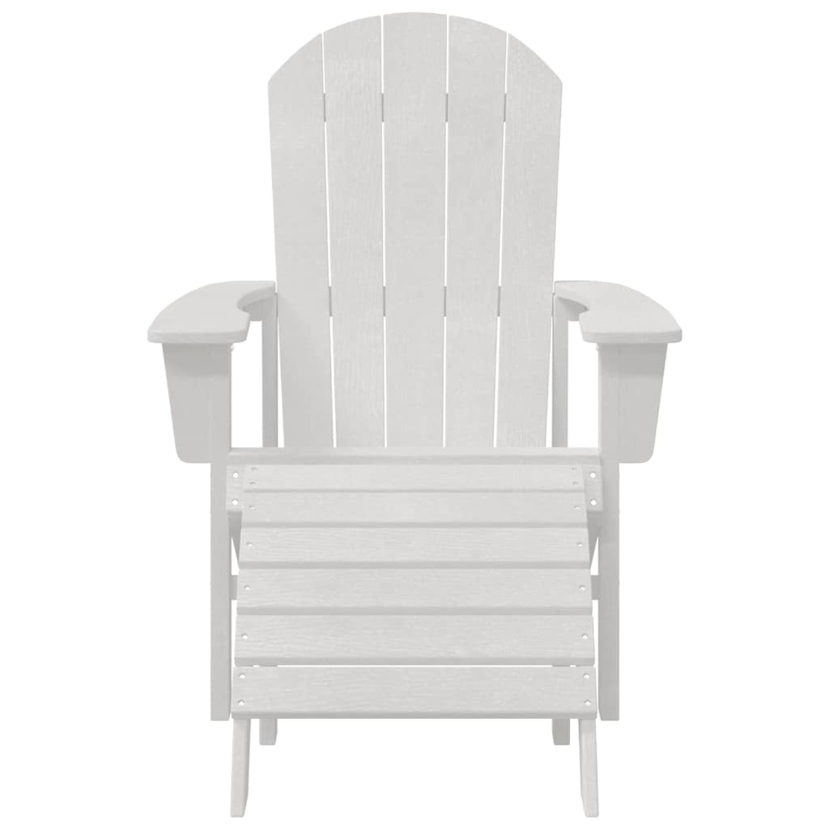 Ein weißer Adirondack-Stuhl, Vorderansicht. Er hat eine Lattenlehne und -sitzfläche mit Armlehnen. Der Hintergrund ist weiß.
