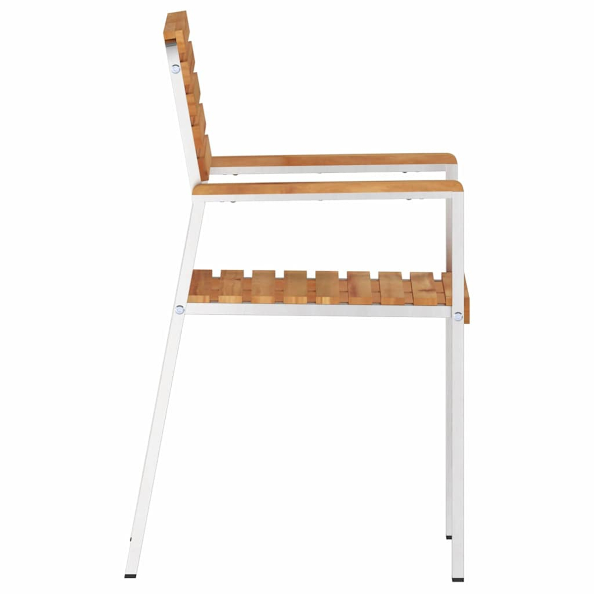 Seitenansicht eines Stuhls. Es hat ein weißes Metallgestell mit Sitzfläche, Rückenlehne und Armlehnen aus Holz. Der Stuhl ist freigestellt.