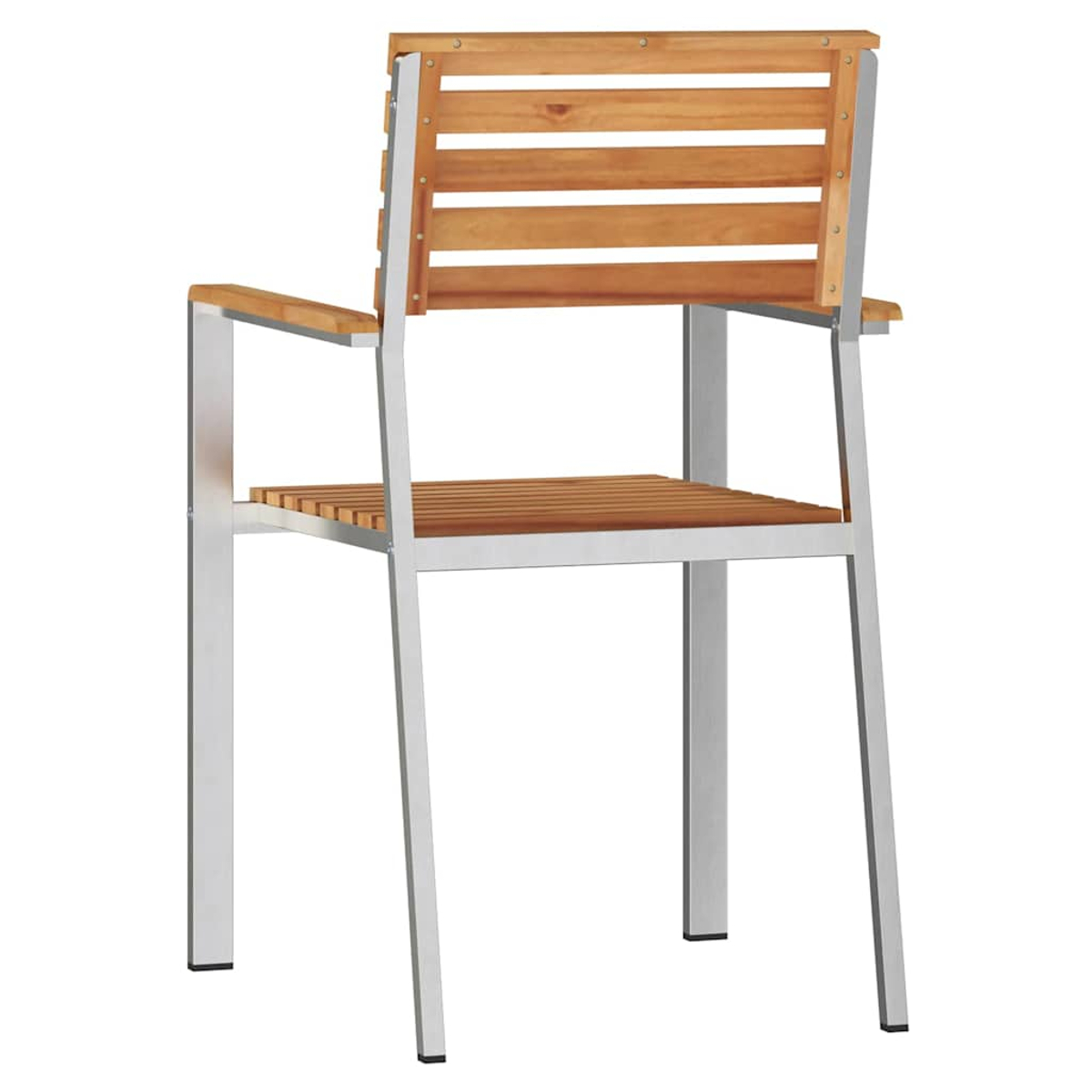 Ein Holzstuhl mit Metallrahmen. Rückenlehne und Sitz aus horizontalen Holzlatten. Der Rahmen ist silber.
