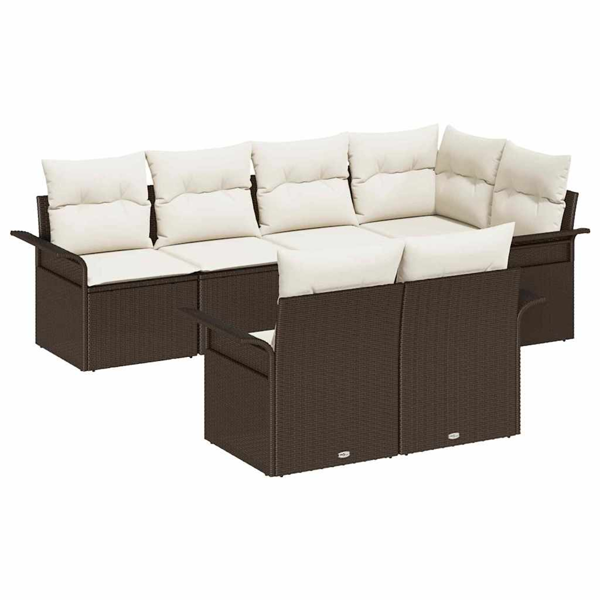 Outdoor-Korbmöbel-Set. Dunkelbraune Rahmen mit cremefarbenen Kissen. Das Set beinhaltet ein Sofa und zwei Stühle.