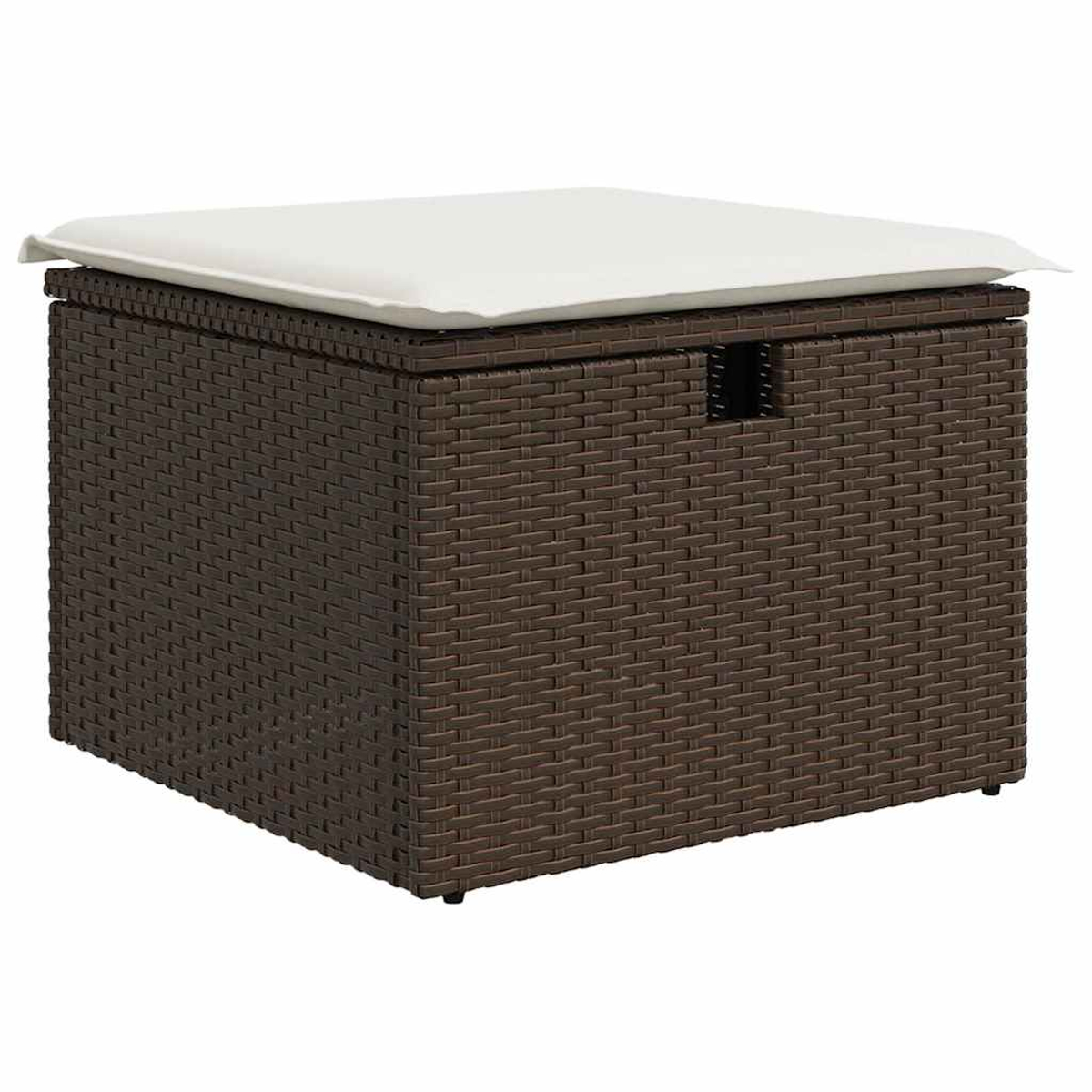 Eine braune, gewebte Aufbewahrungsbox mit einem weißen Kissen oben. Es hat eine rechteckige Form mit einem Griff an der Seite.