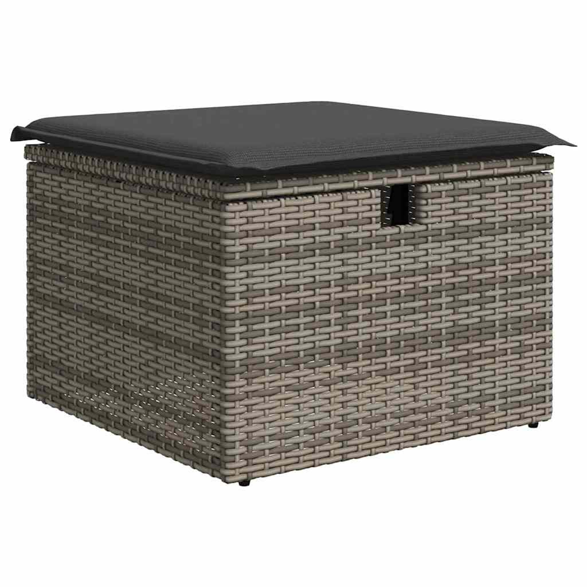 Eine gewebte, graue Aufbewahrungsbox mit einem schwarzen Kissen oben. Die Box ist quadratisch und hat einen Griff. Der Hintergrund ist weiß.