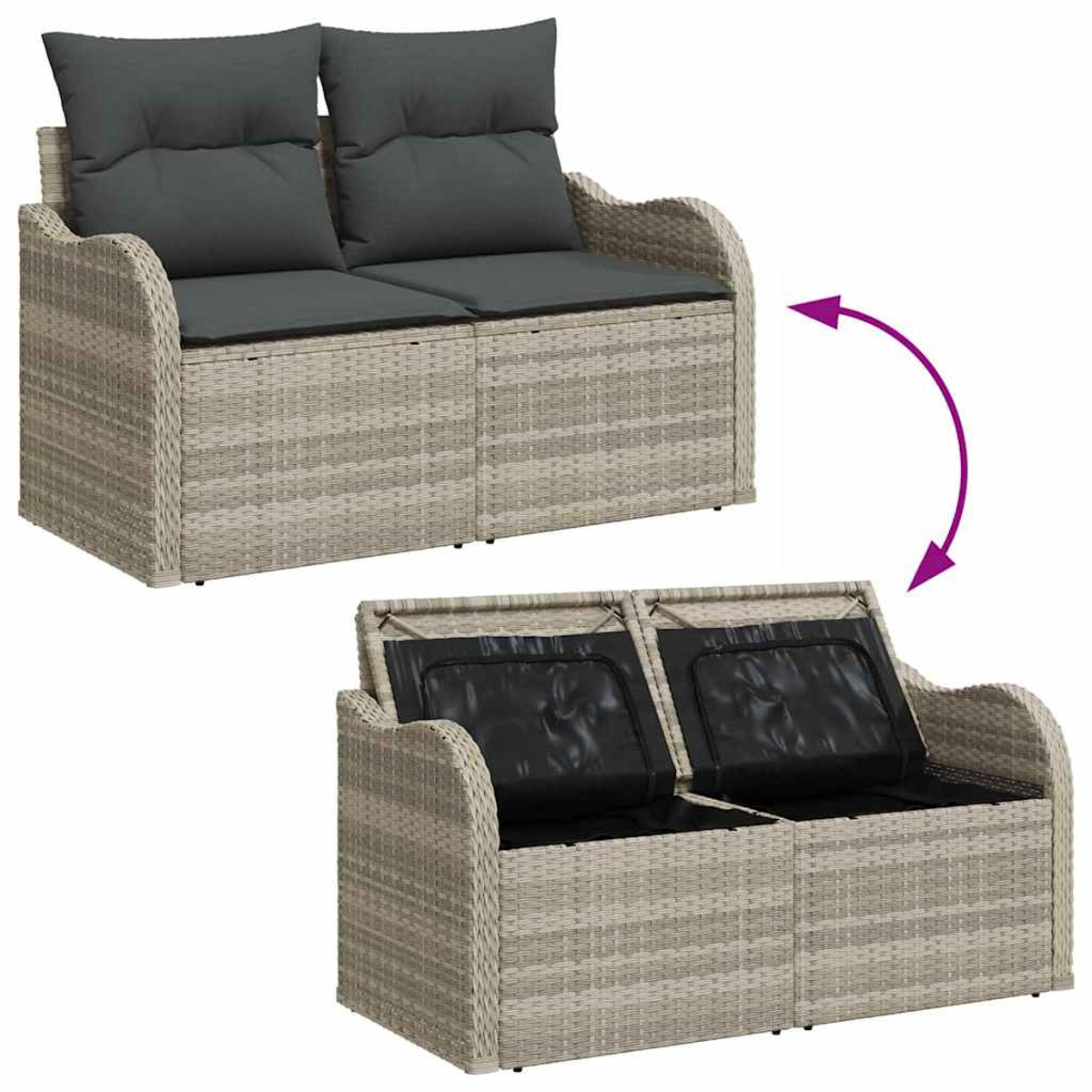 Ein zweisitziges Outdoor-Sofa aus Korbgeflecht. Oben Kissen, unten Stauraum. Kissen sind grau. Der Stauraum ist schwarz.