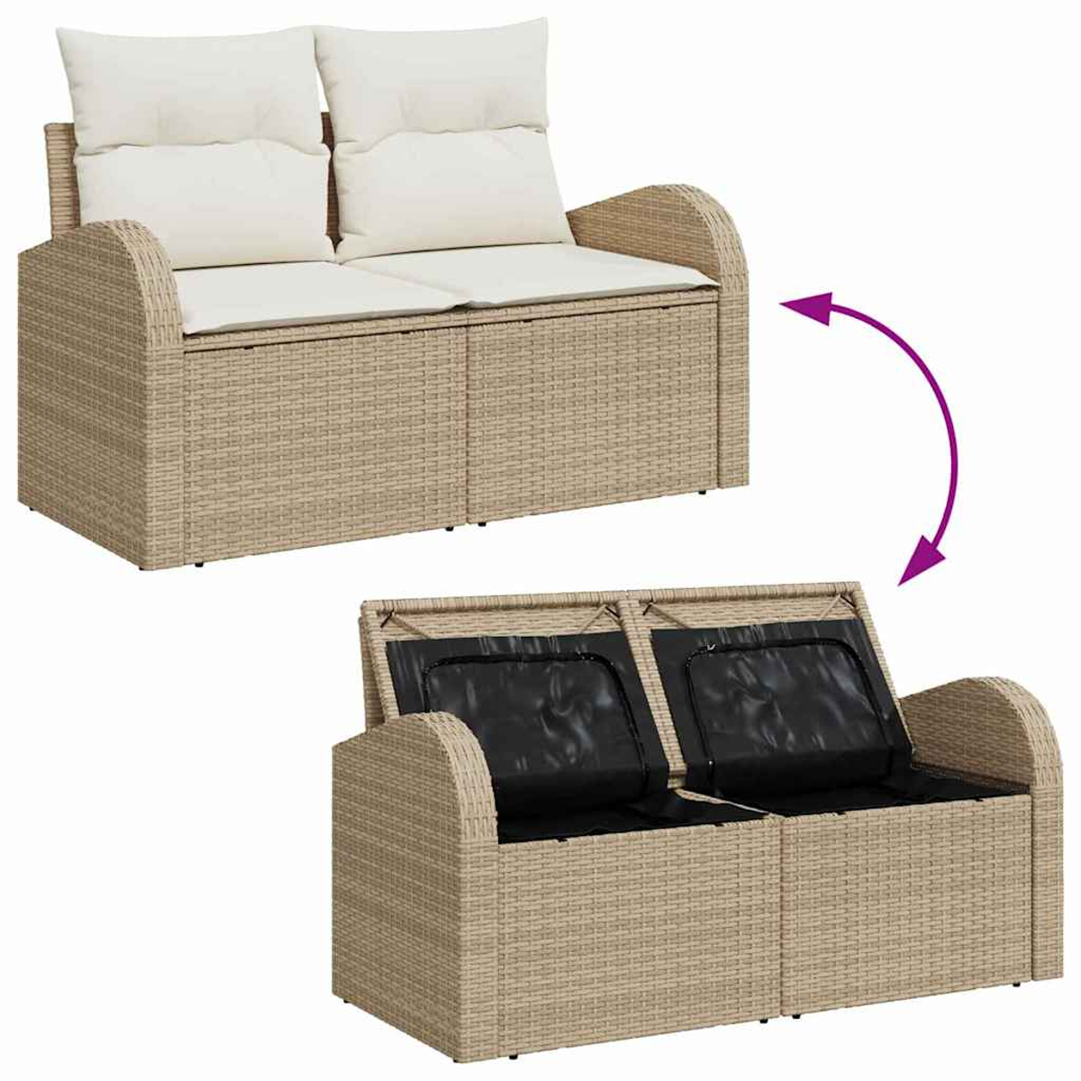 Zweisitzer-Rattansofa. Oben: beige Kissen. Unten: Stauraum. Pfeil zeigt Öffnung zum schwarzen Stauraum.