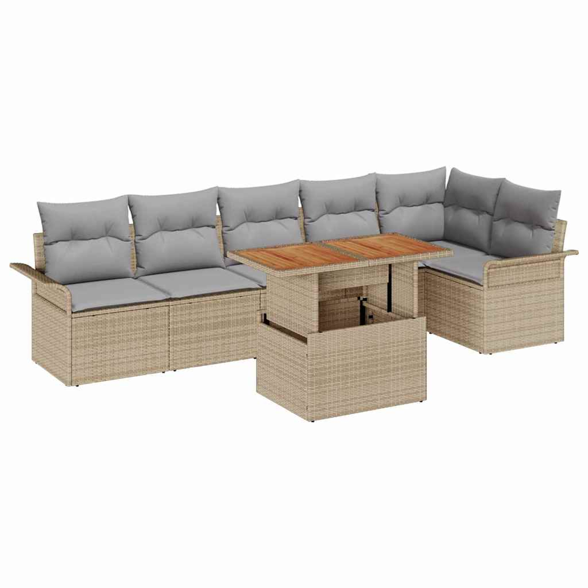 Geflochtenes Outdoor-Ecksofa mit grauen Kissen und einem Holztisch. Der Tisch steht in der Mitte. Das Ganze steht auf weißem Grund.