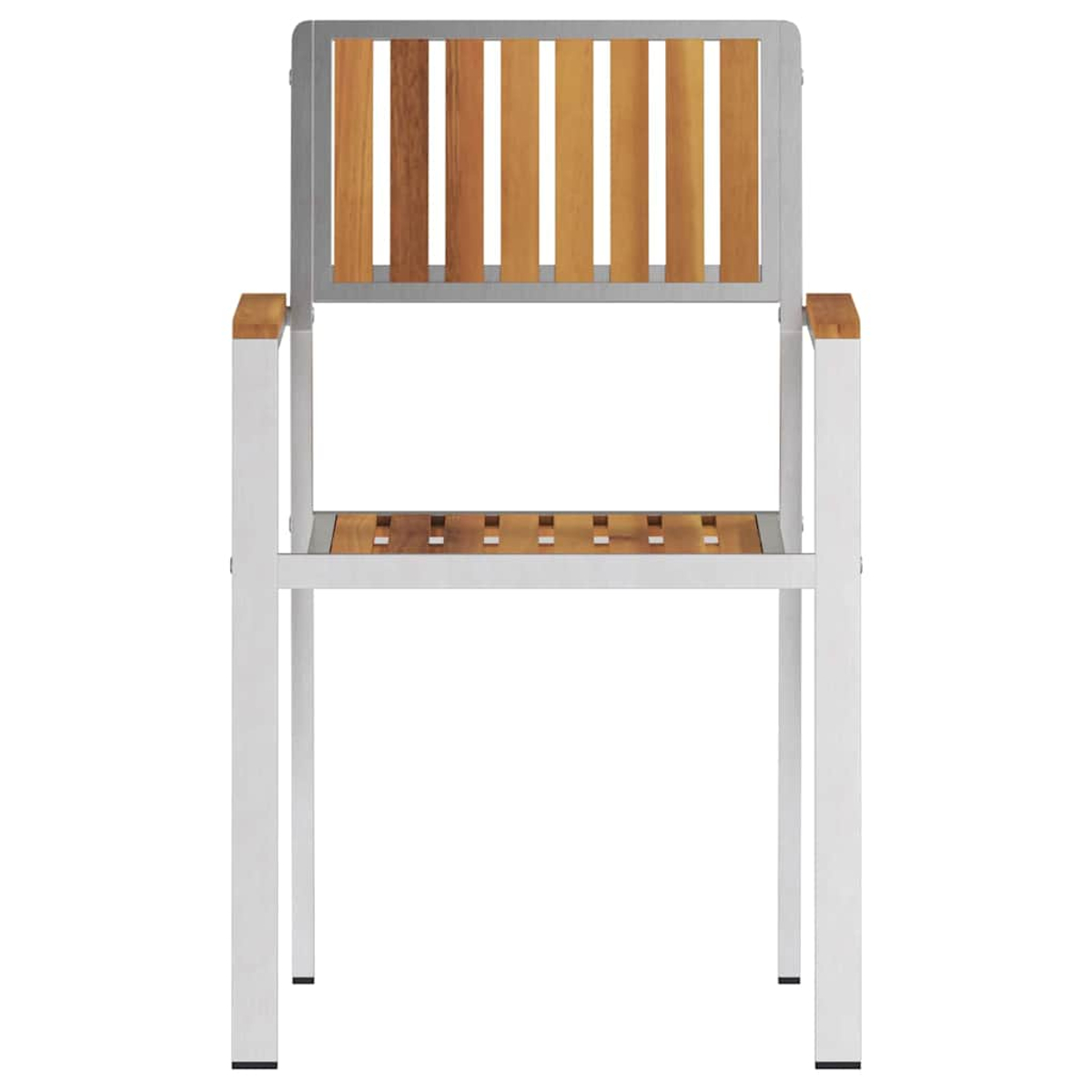 Ein Stuhl aus Holz und Metall. Der Stuhl hat vertikale Holzlatten für Rücken und Sitz. Der Rahmen ist weißes Metall.