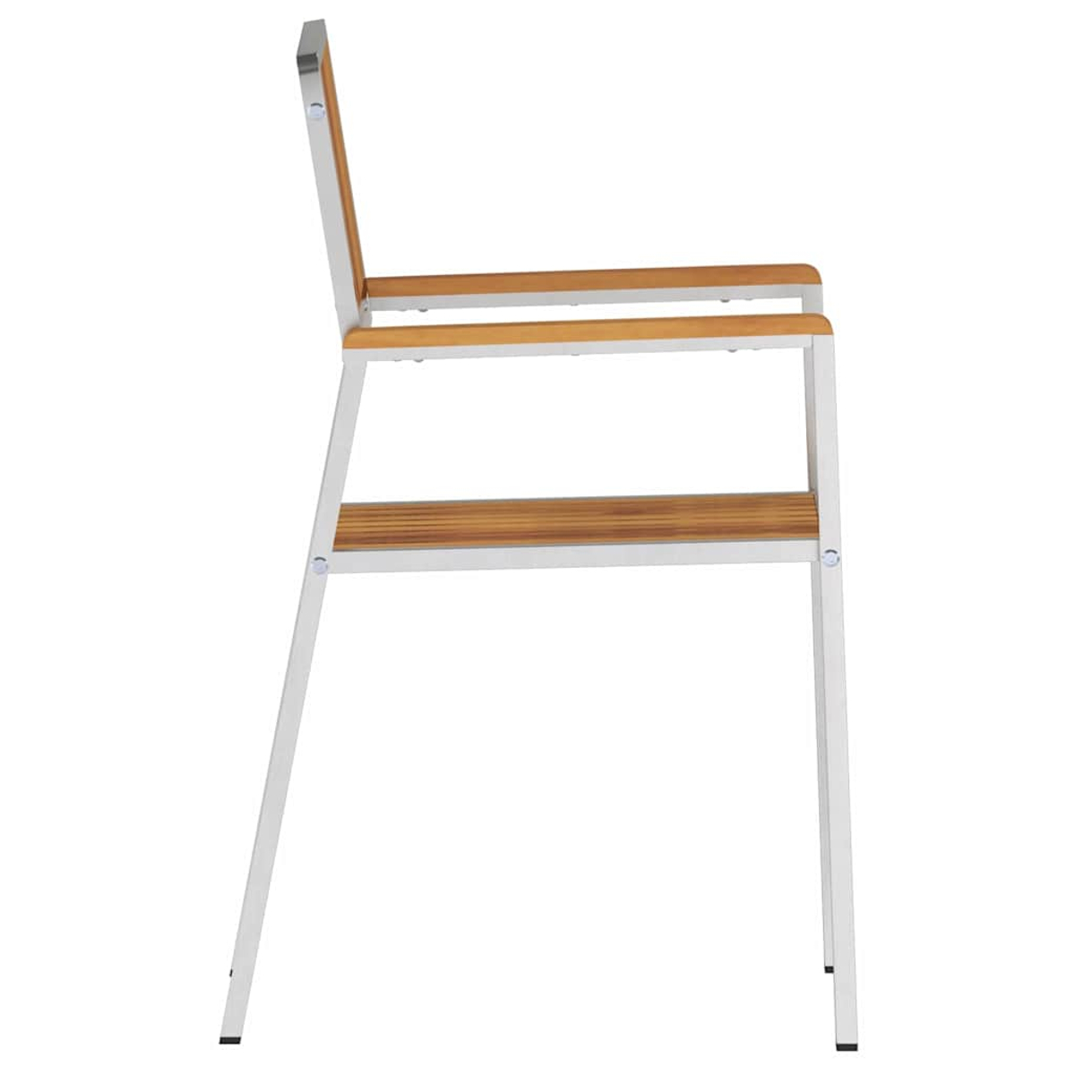 Seitenansicht eines weißen Metallstuhls mit Armlehnen, Sitz und Rückenlehne aus Holz. Der Stuhl steht vor weißem Hintergrund.