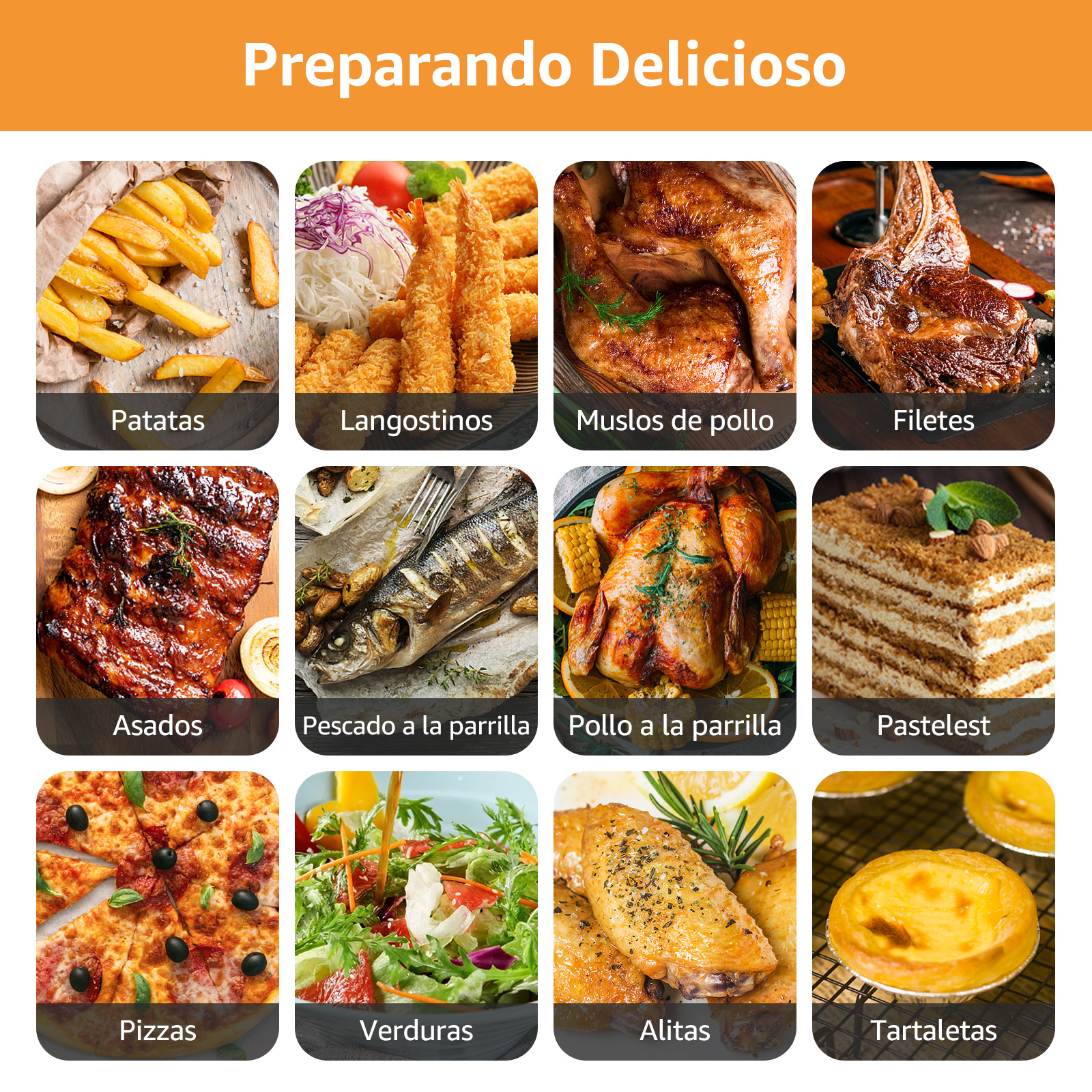 Una cuadrícula muestra varios platos: papas fritas, camarones fritos, muslos de pollo, bistec, costillas, pescado a la parrilla, pollo asado entero, pastel, pizza, ensalada, alitas y tartaletas.