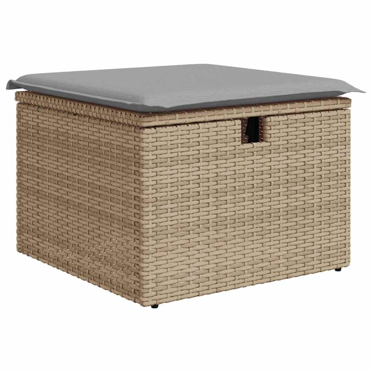Quadratische Aufbewahrungshocker aus Weide mit einem grauen Kissen oben. Der Hocker ist beige und hat einen Griff.