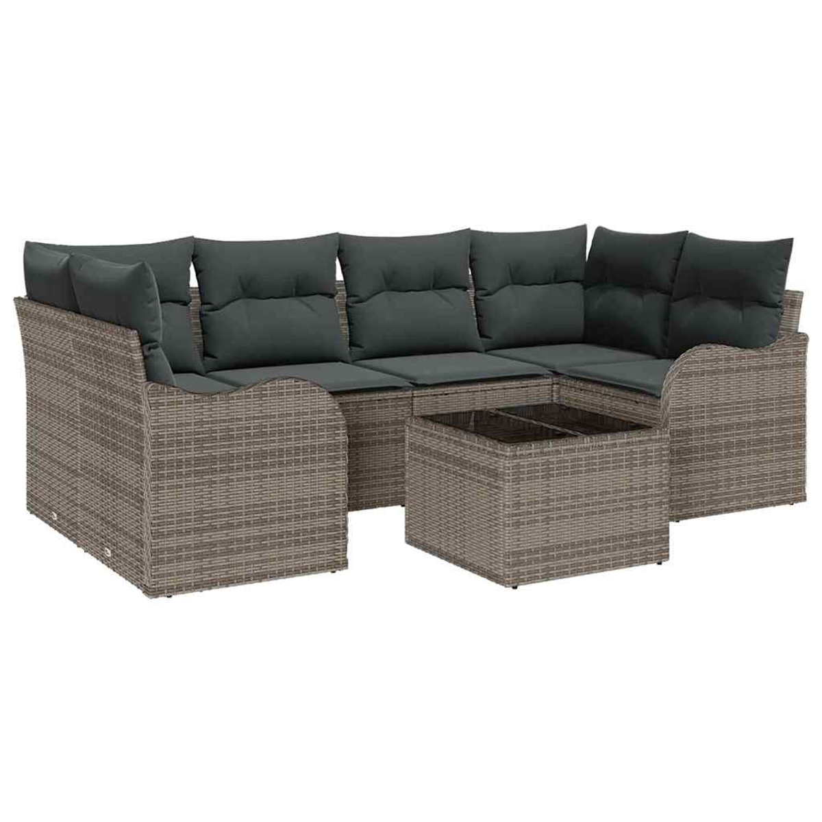 Ein graues Rattan-Ecksofa mit dunkelgrauen Kissen und einem passenden Couchtisch mit Glasplatte.