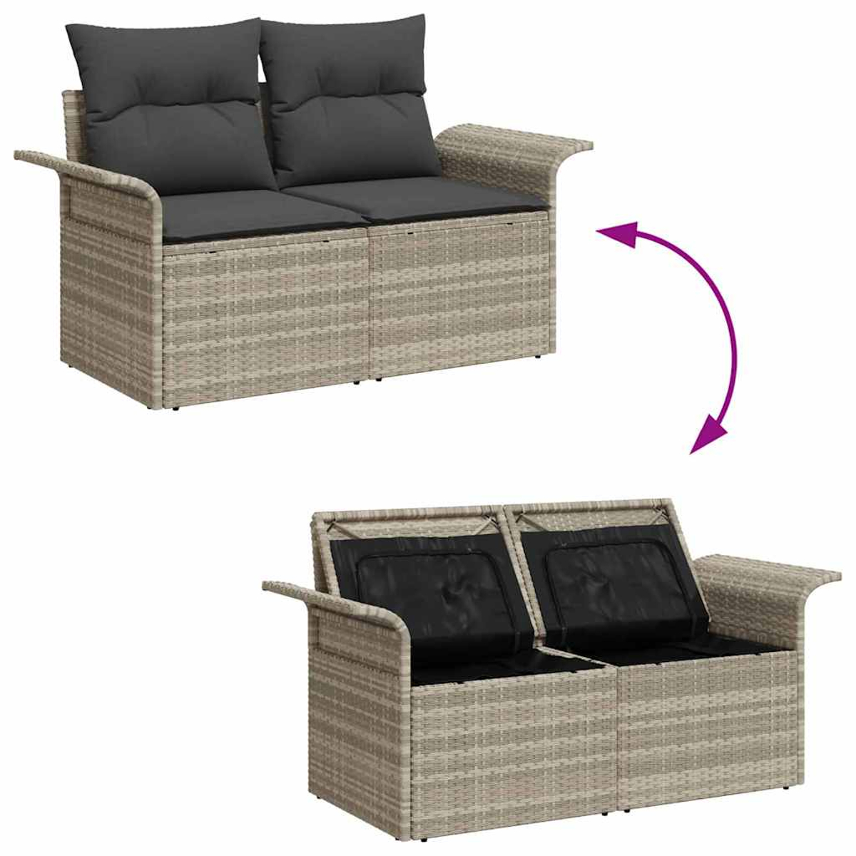 Zweisitzer-Korbsessel mit grauen Kissen und Polstern. Darunter das gleiche Sofa mit geöffnetem Stauraum, der schwarze Innenausstattung zeigt.