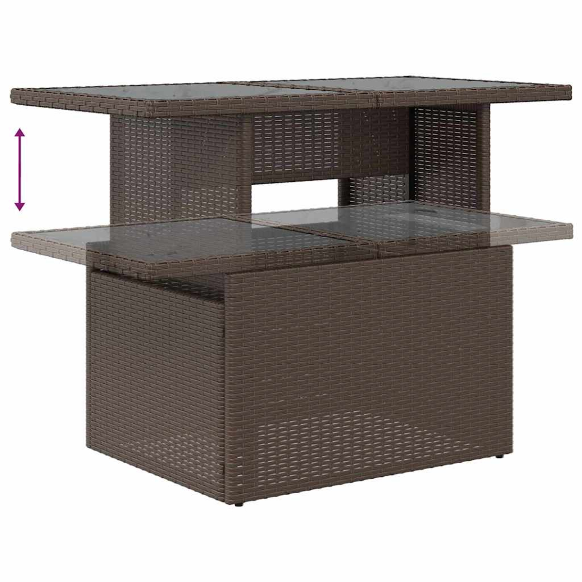 Ein brauner Korbtisch mit Glasplatte. Der obere Teil ist angehoben, mit einem Pfeil, der die Bewegung zeigt.