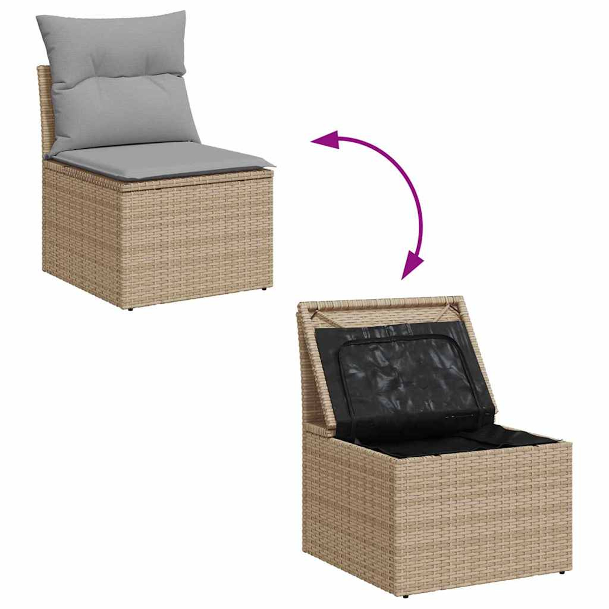 Una sedia in stile rattan con cuscino e schienale grigi, mostrata chiusa e aperta per rivelare lo spazio contenitivo. La versione aperta mostra una fodera nera.