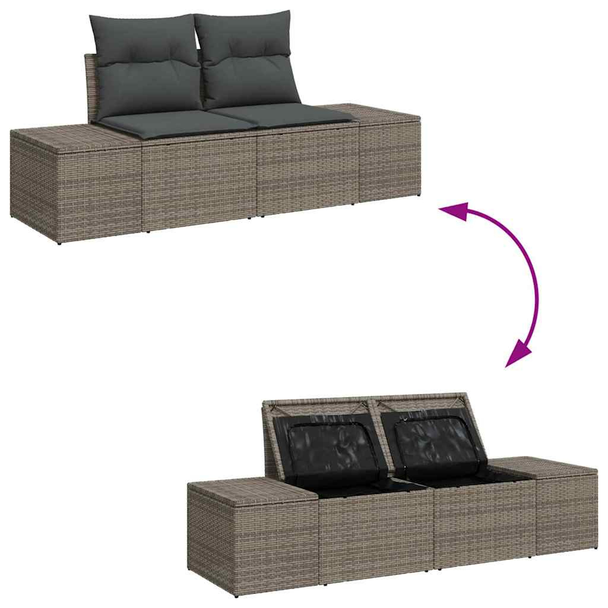 Outdoor-Sofa aus Korbgeflecht mit grauen Kissen. Draufsicht zeigt geschlossene Kissen, Untersicht zeigt den offenen Stauraum.