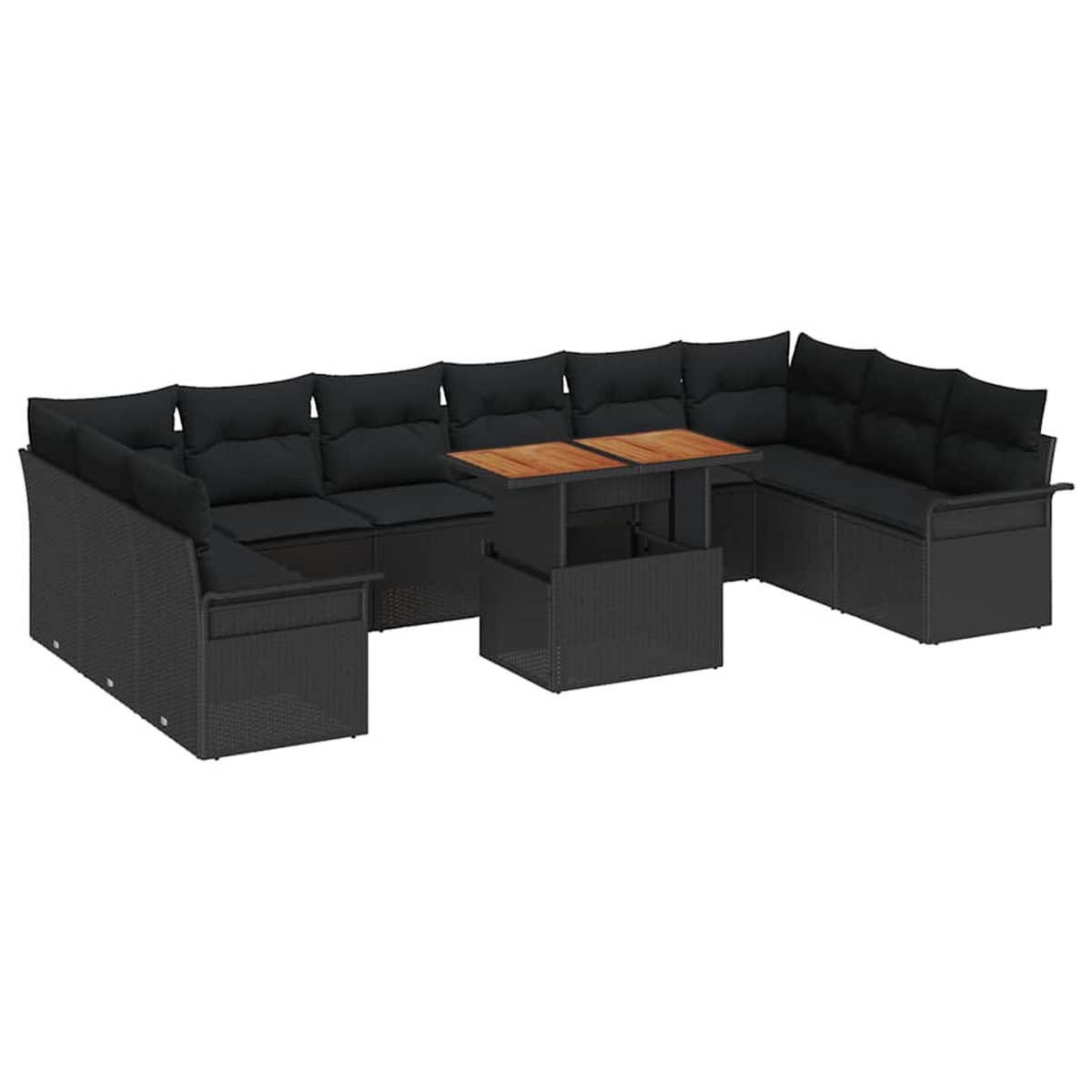 Ein schwarzes Outdoor-Ecksofa aus Korbgeflecht mit schwarzen Kissen und einem Couchtisch mit Holzplatte auf weißem Hintergrund.
