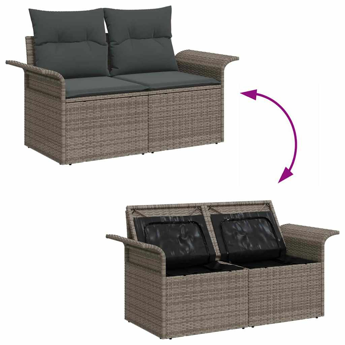 Zweisitziges Korbmöbel mit grauen Kissen. Eines zeigt das geschlossene Sofa, das andere geöffnet mit Stauraum.
