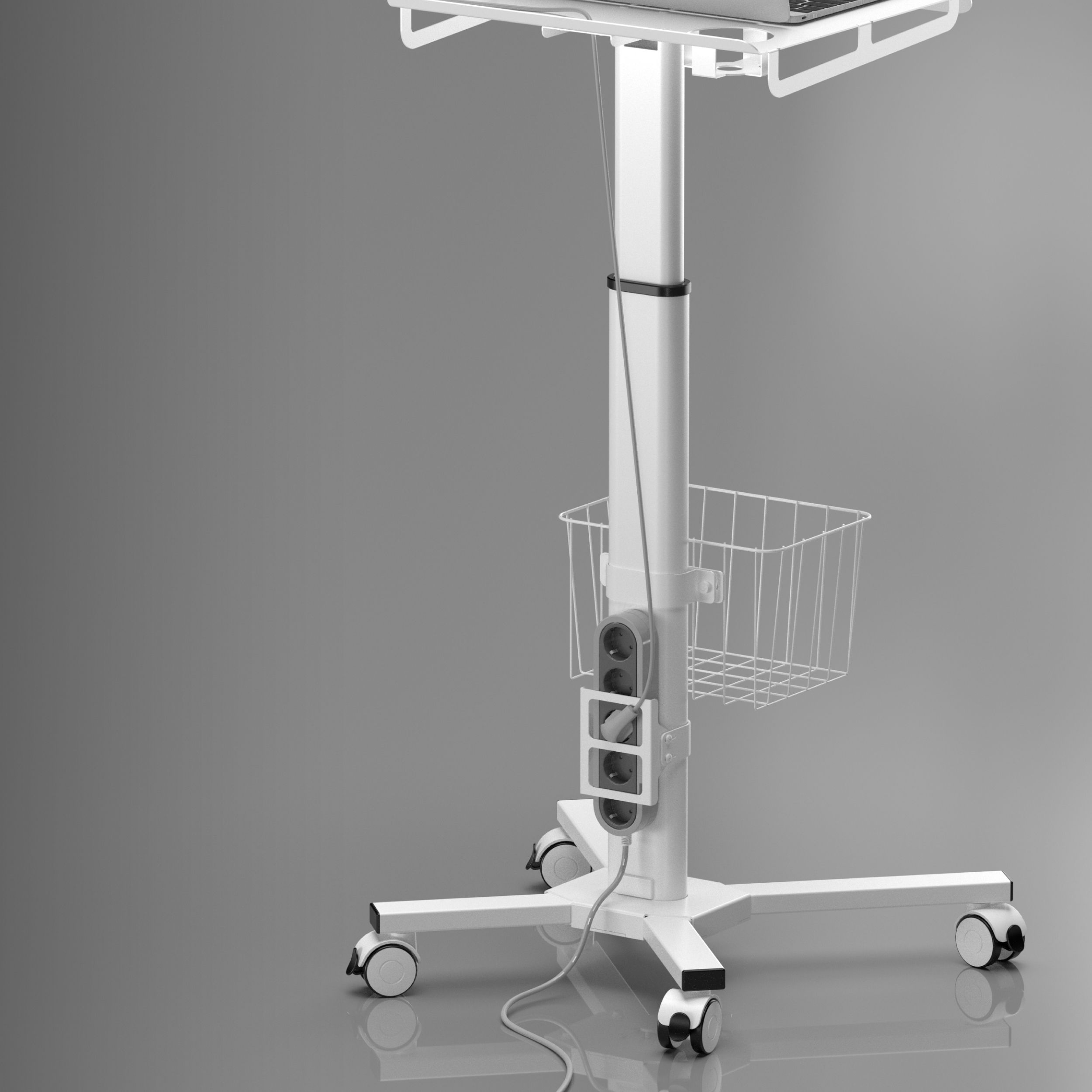 Ein weißer medizinischer Wagen mit Laptopständer, Steckdosen und Drahtkorb. Er hat Räder und steht auf einer grauen Oberfläche.