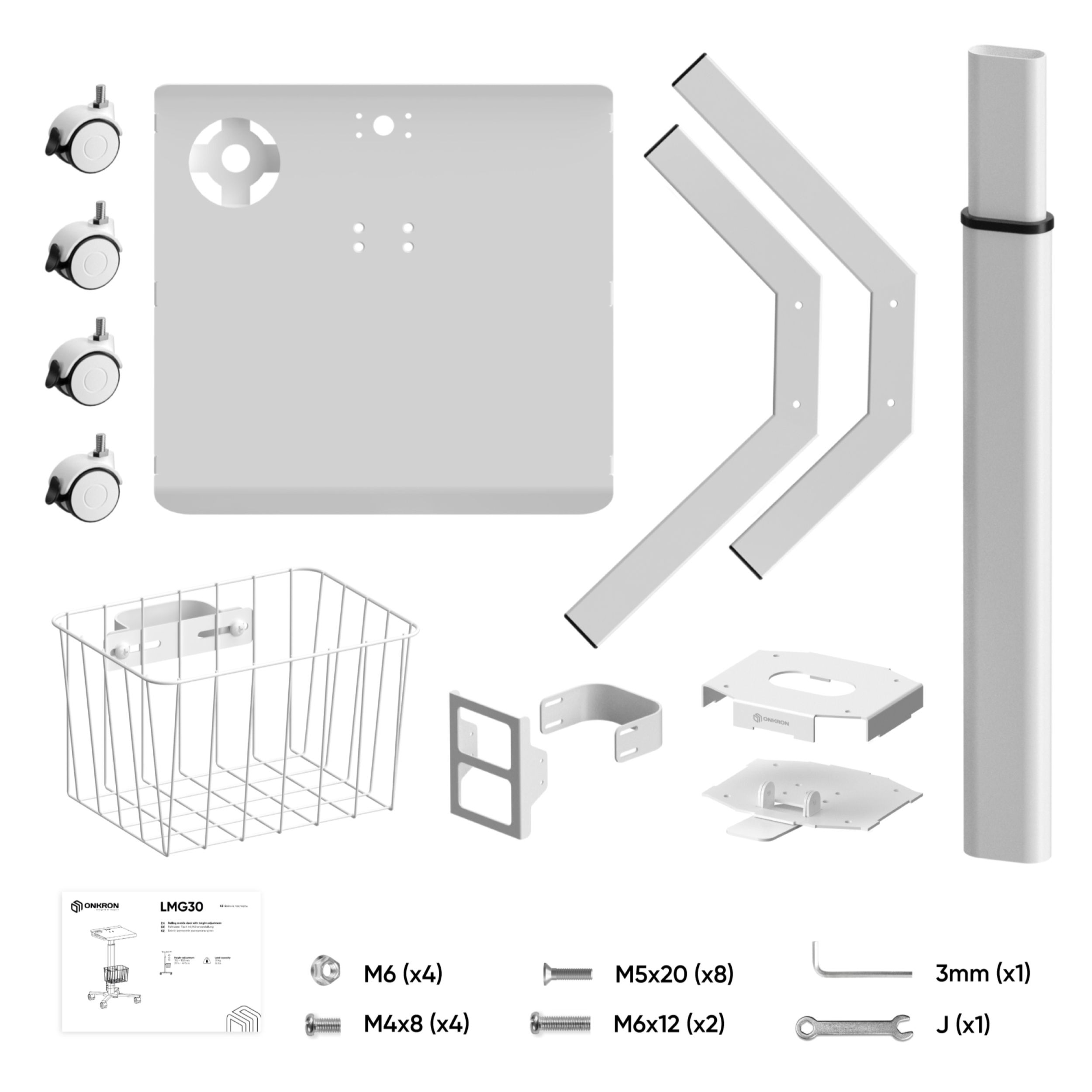 Weißes Schreibtisch-Teileset. Enthält Räder, Halterungen, Korb und Schrauben. Eine Anleitung und Werkzeuge sind ebenfalls enthalten.