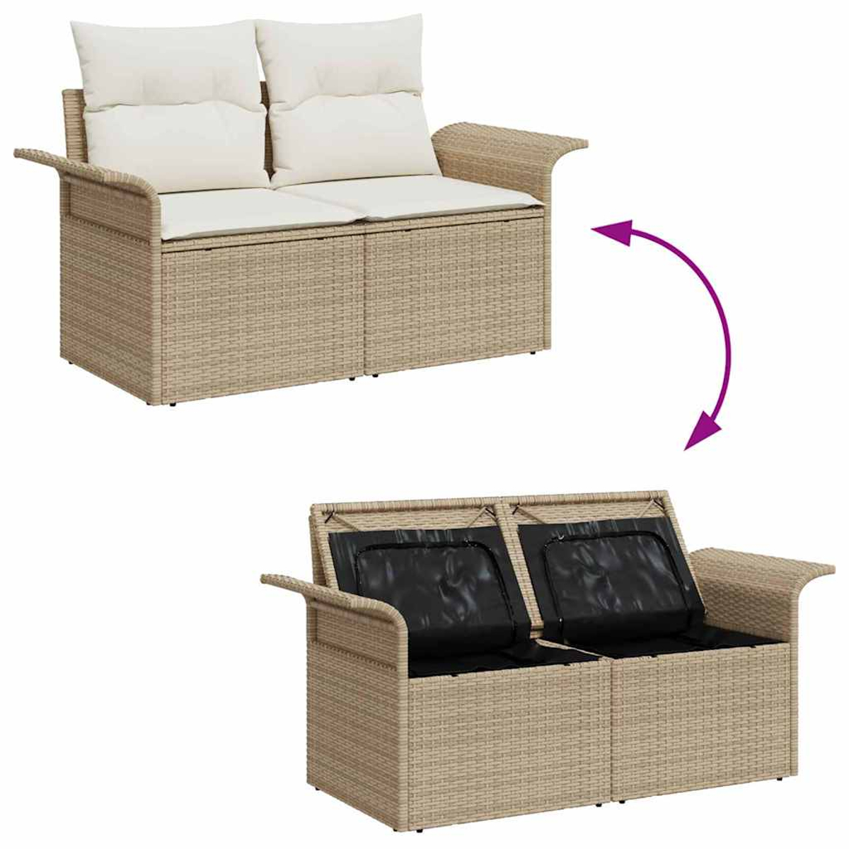 Zweisitzer-Rattansofa, beige, mit weißen Kissen oben. Pfeil zeigt das Öffnen, um schwarzen Stauraum und Kissen freizulegen.